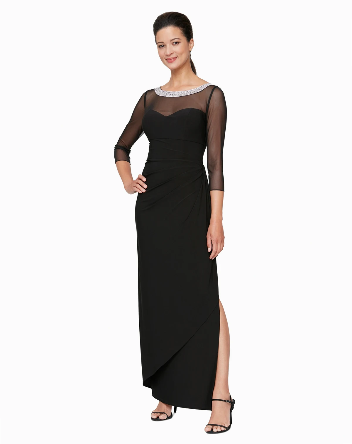 Women's Embellished-Neck Side-Ruched Illusion Dress