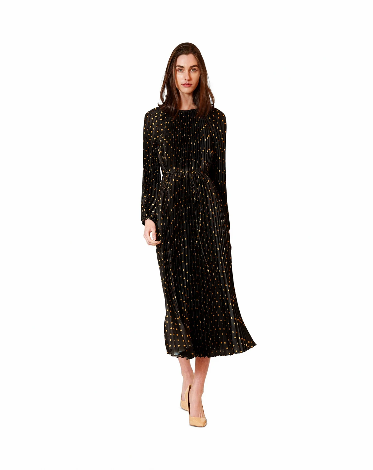 Women's Pleated Long-Sleeve Waist Tie Maxi Dress