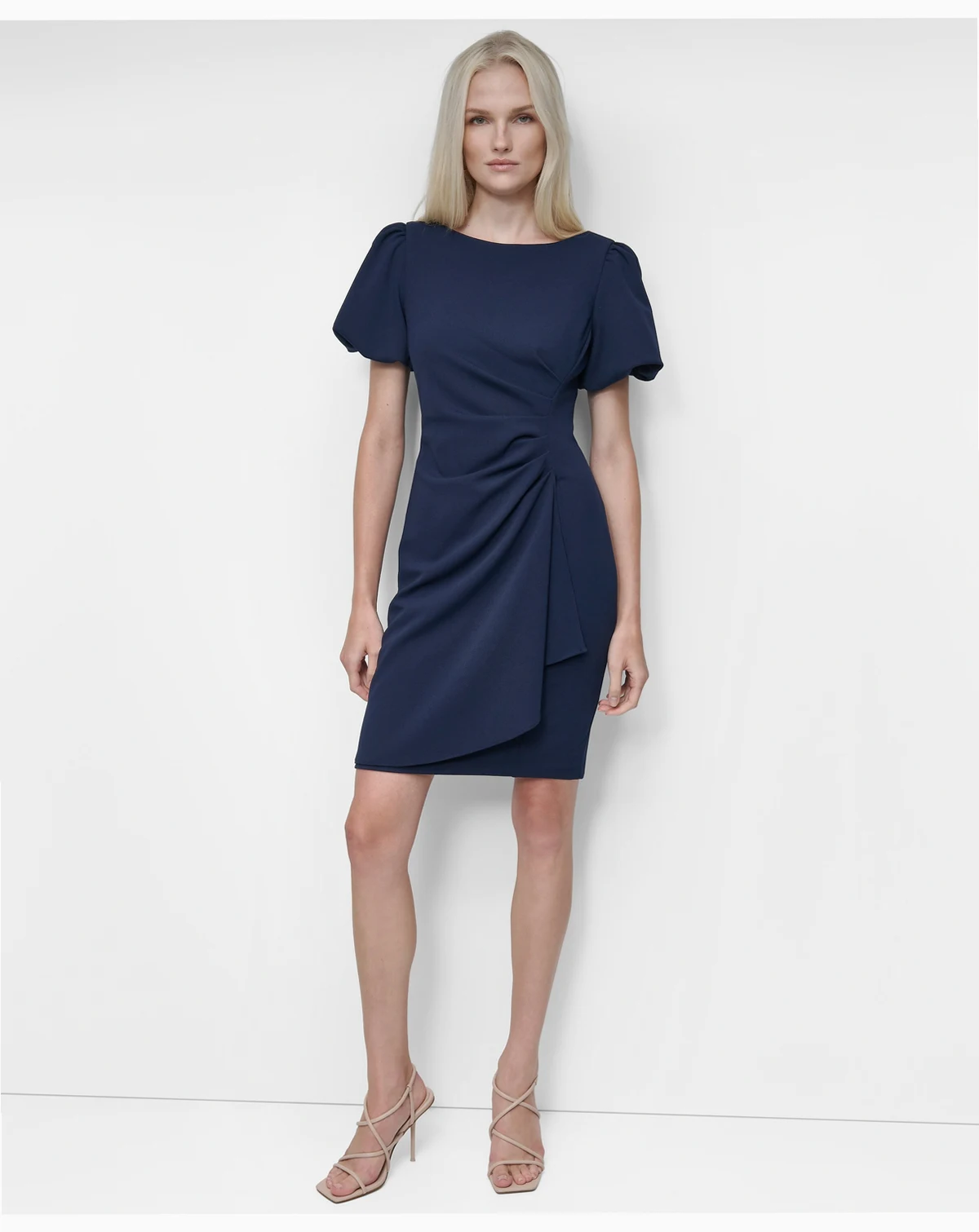 Women's Bubble-Sleeve Scuba Crepe Ruched Sheath Dress