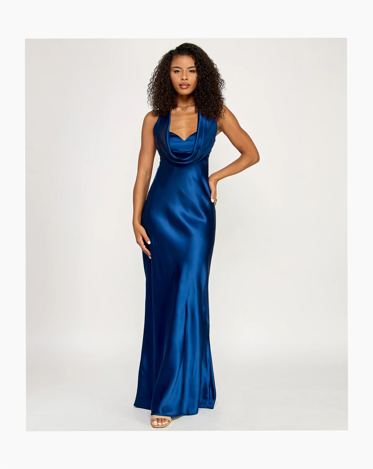 Juniors' Satin Cowl-Neck Halter Gown