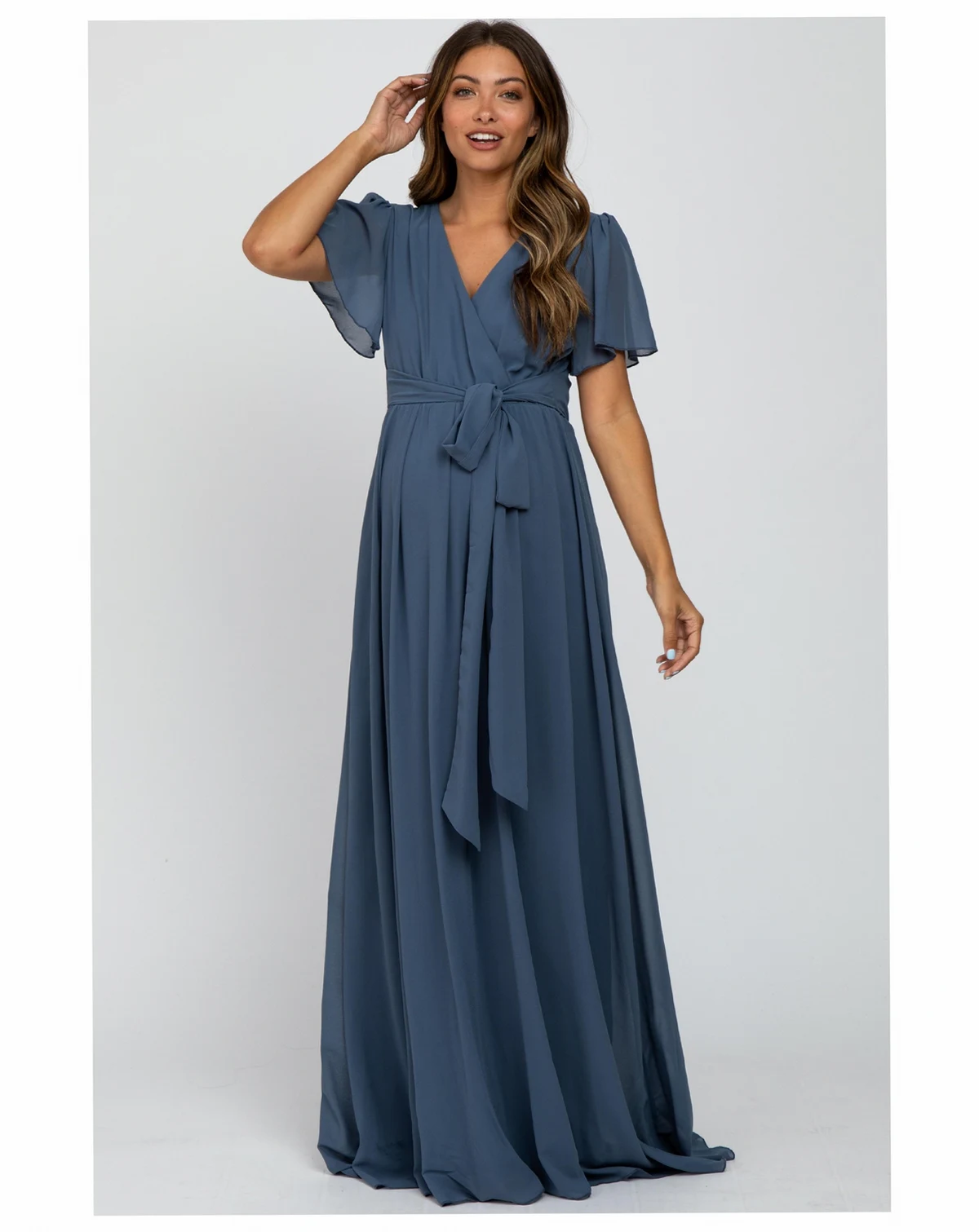 Maternity Blue Chiffon Short Sleeve Maxi Dress