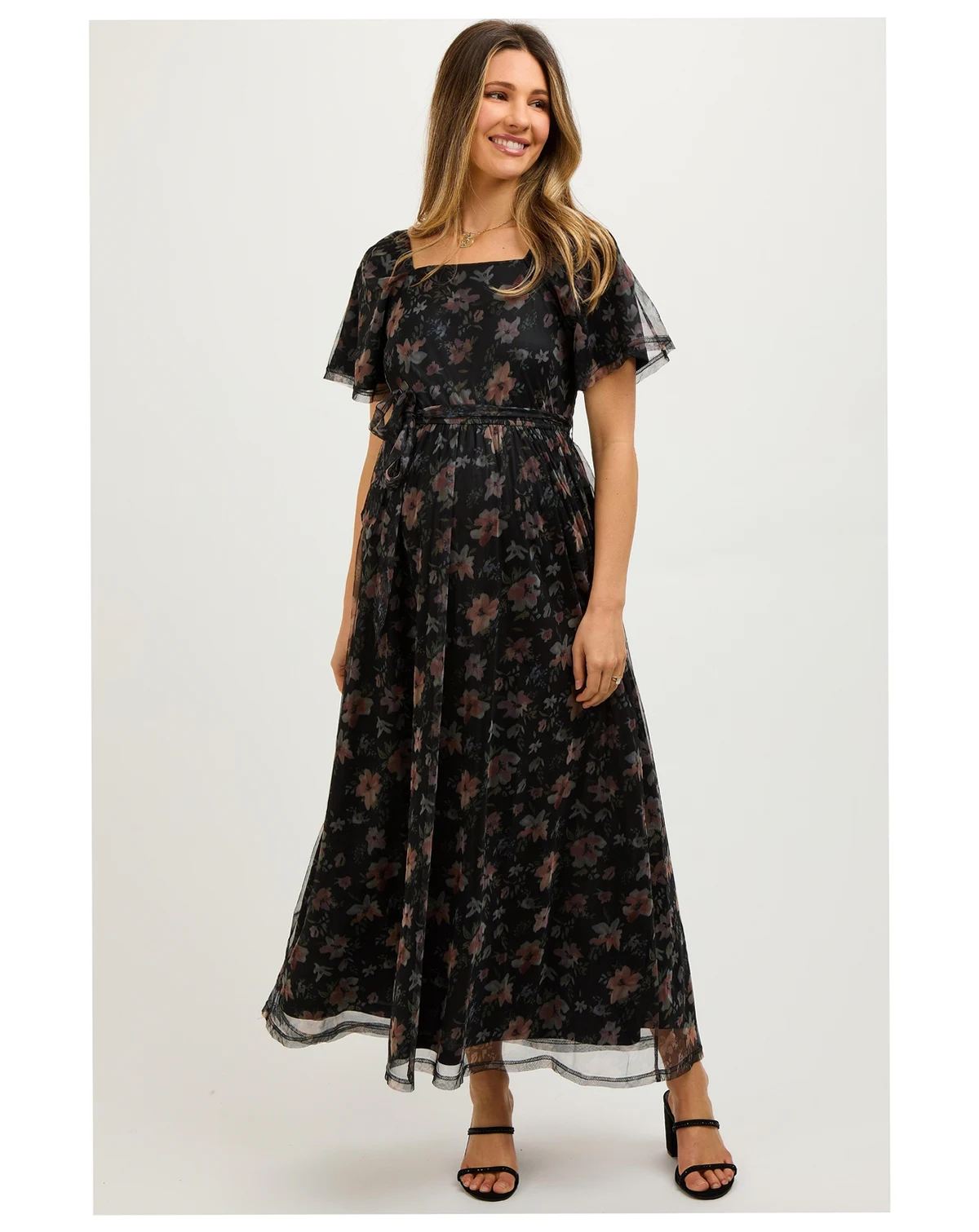 Maternity Black Floral Waist Tie Midi Dress