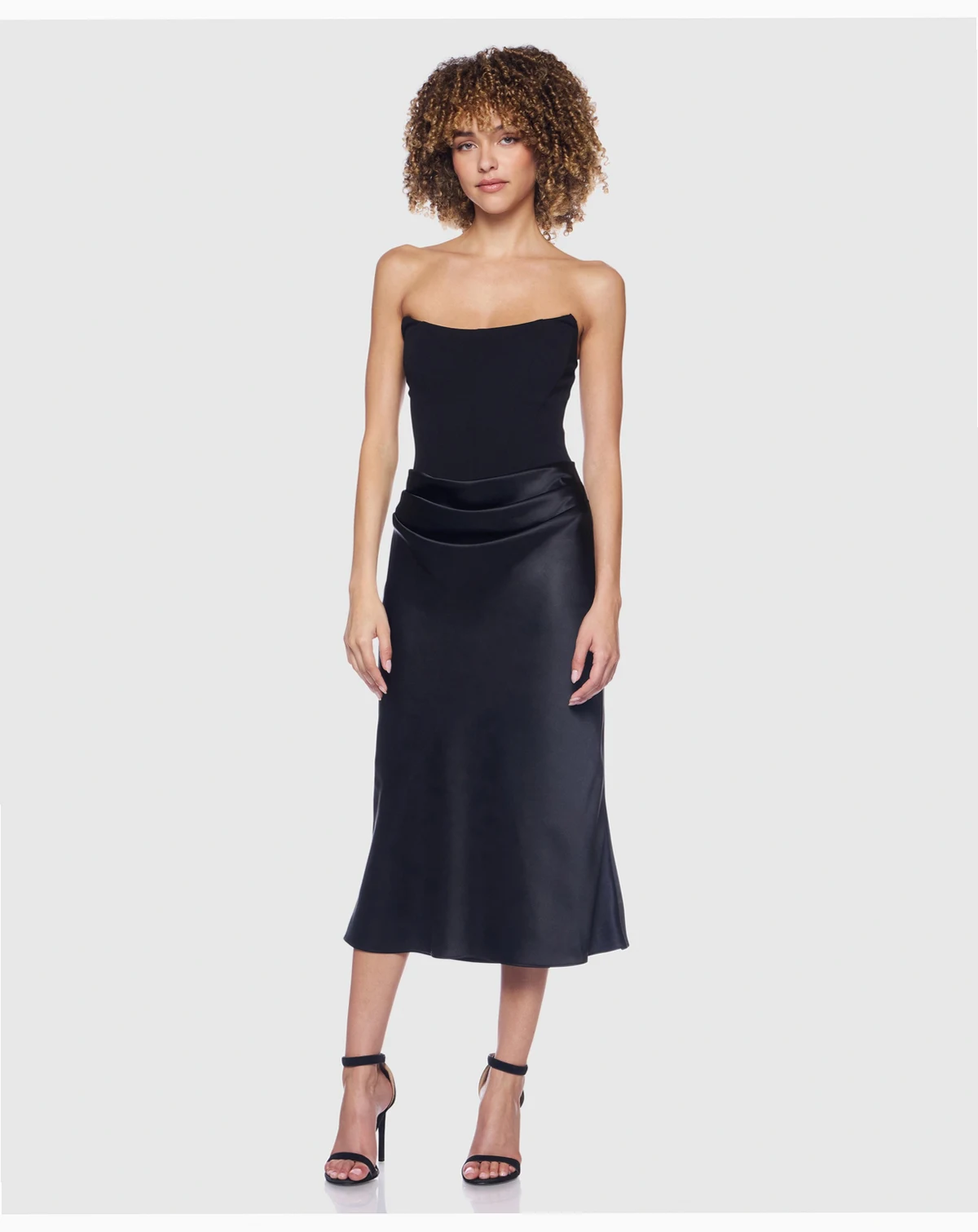 Juniors' Strapless Midi Dress with Scuba Corset Bodice and Satin Draped Skirt