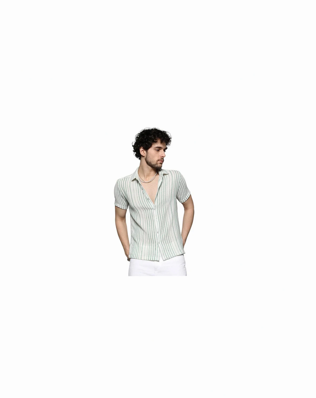 Men's Men's White & Green Unbalanced Striped Woven Shirt