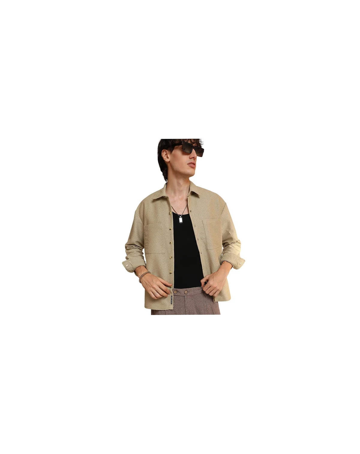 Men's Buff Beige Chevron-Woven Utility Shirt