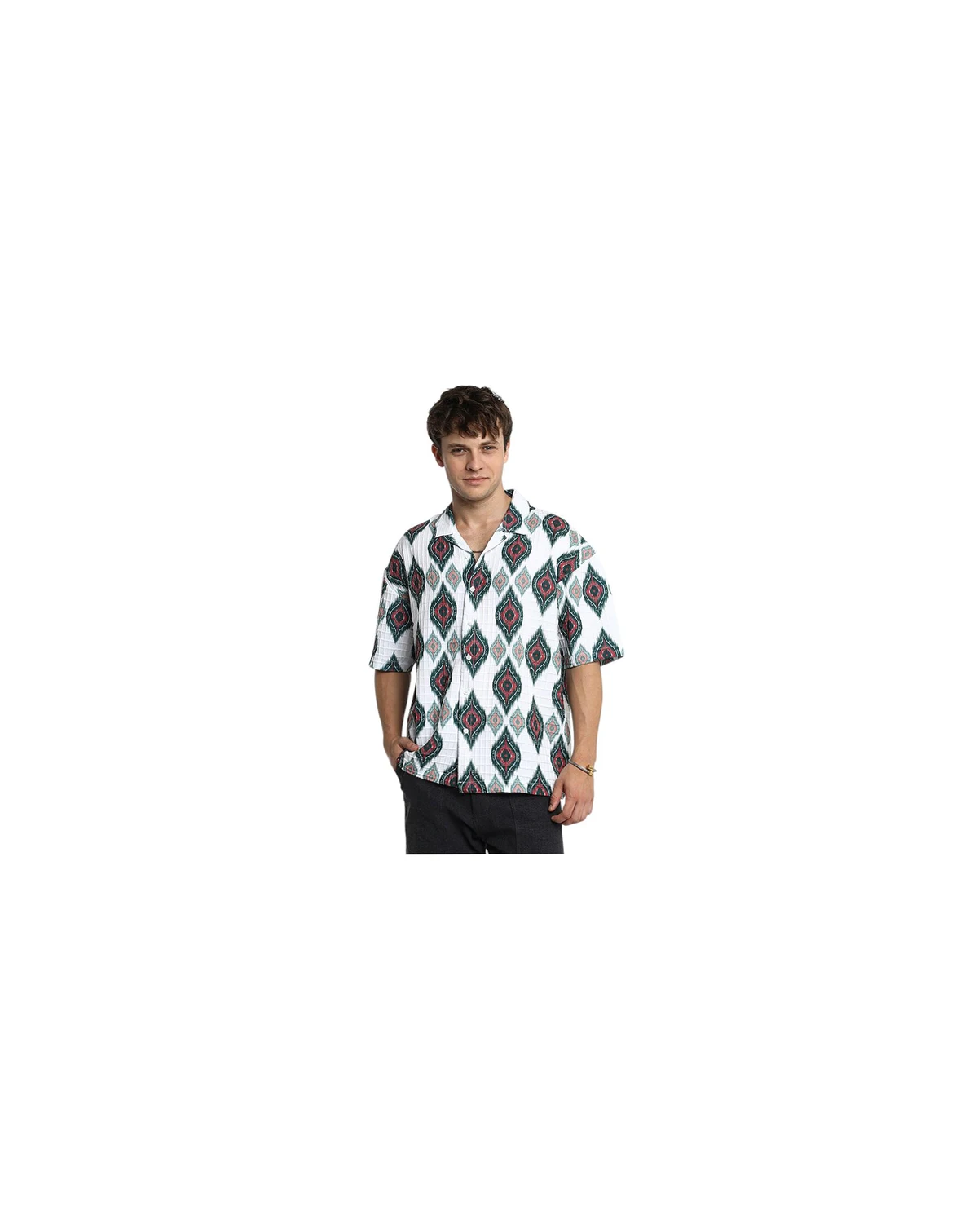 Men's Chalk White Ikkat Motif Oversized Shirt
