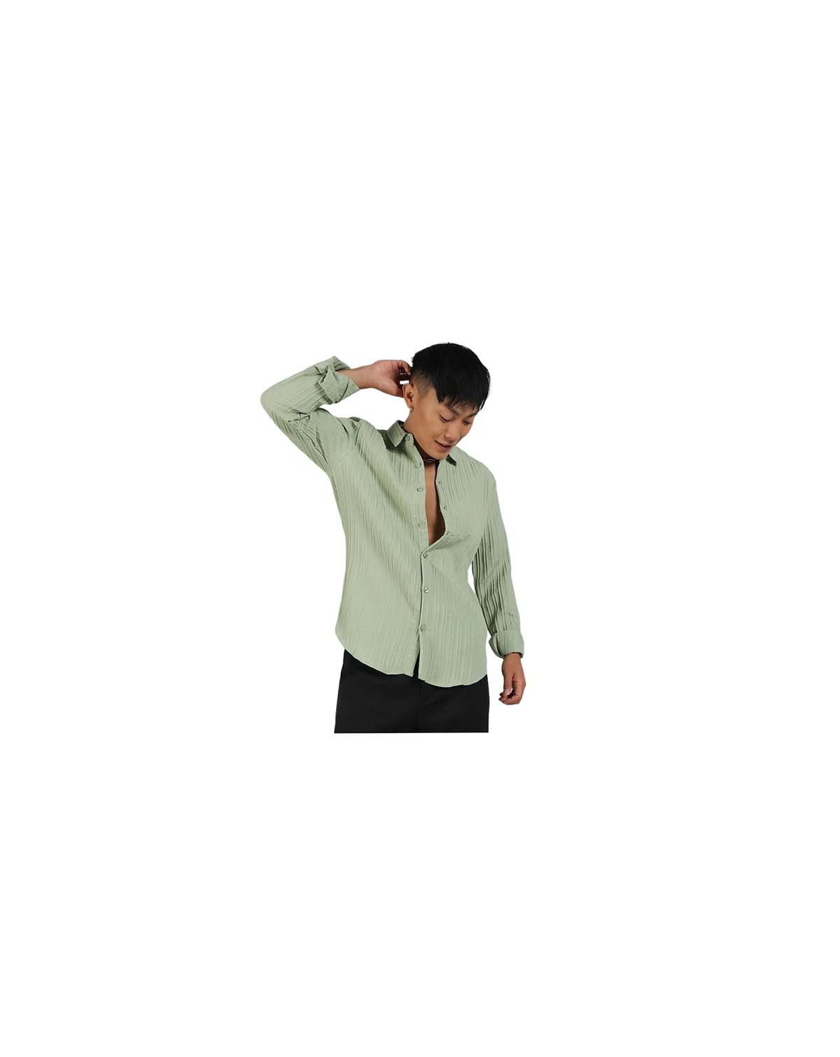 Men's Pistachio Green Self-Design Striped Shirt