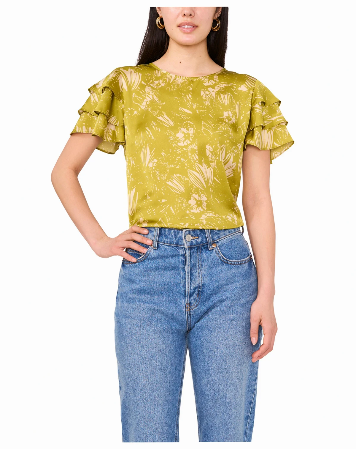 Women's Crew Neck Ruffle-Sleeve Top