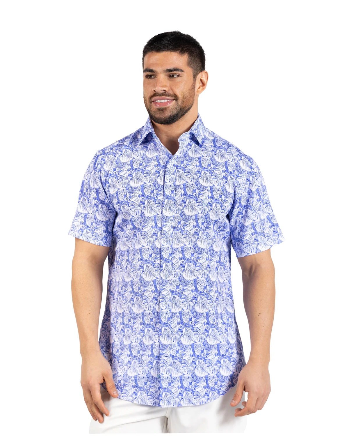 Men's Distressed Hawaiian Leaves Printed Performance Short Sleeve Shirt