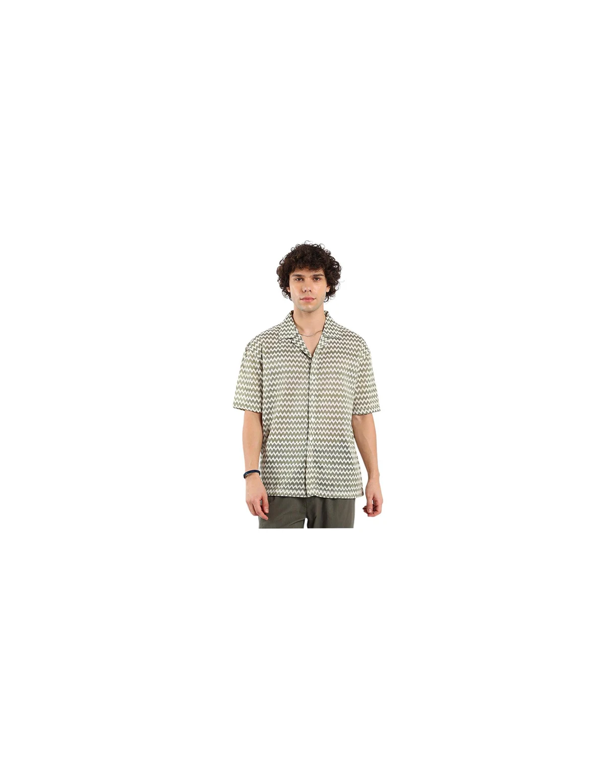 Men's Olive Green & Powder White Chevron-Striped Oversized Shirt