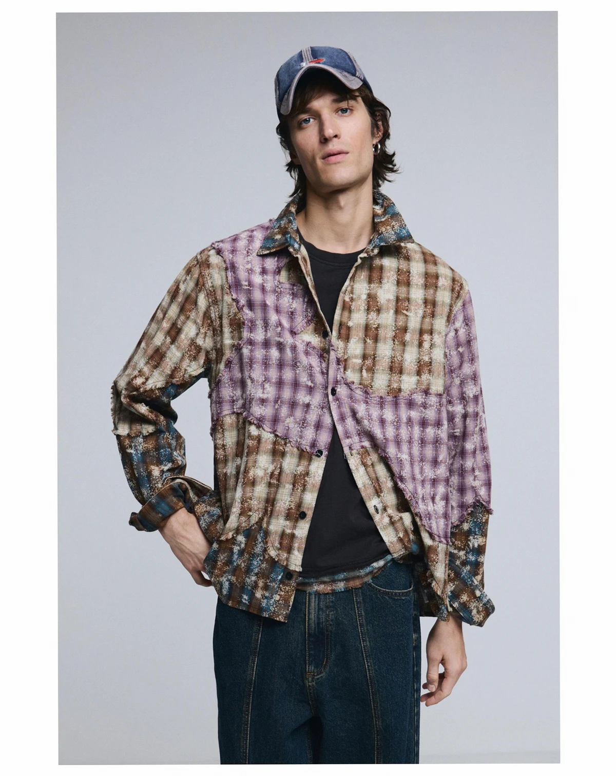 Men's Long-sleeved checked patch shirt