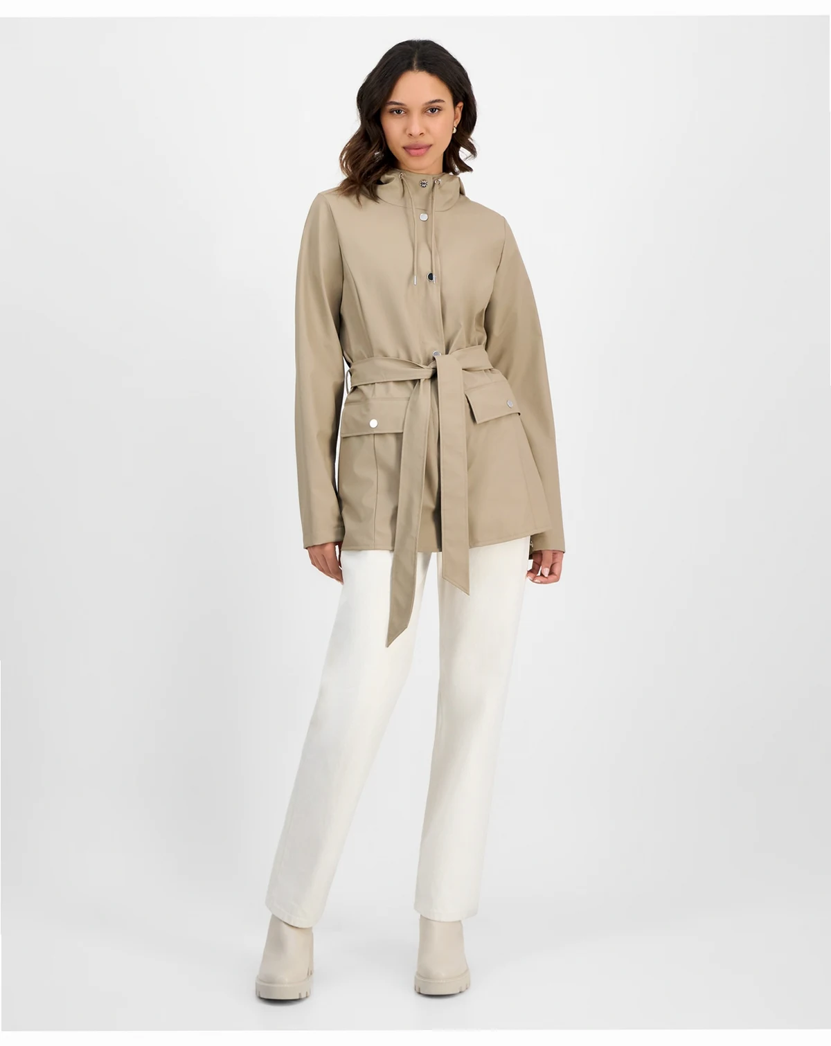 Women's Tie-Waist Snap-Front Hooded Rain Coat