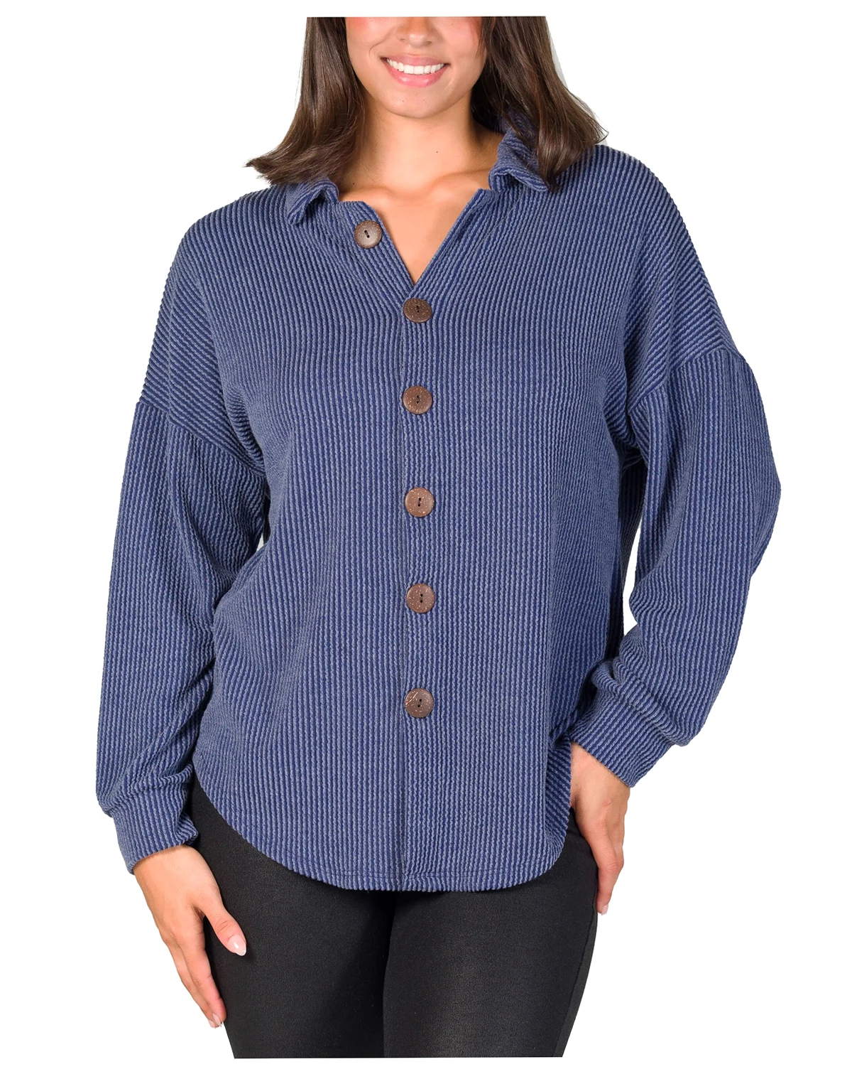 Women's Ribbed Button Up Long Sleeve Collared Shirt Jacket