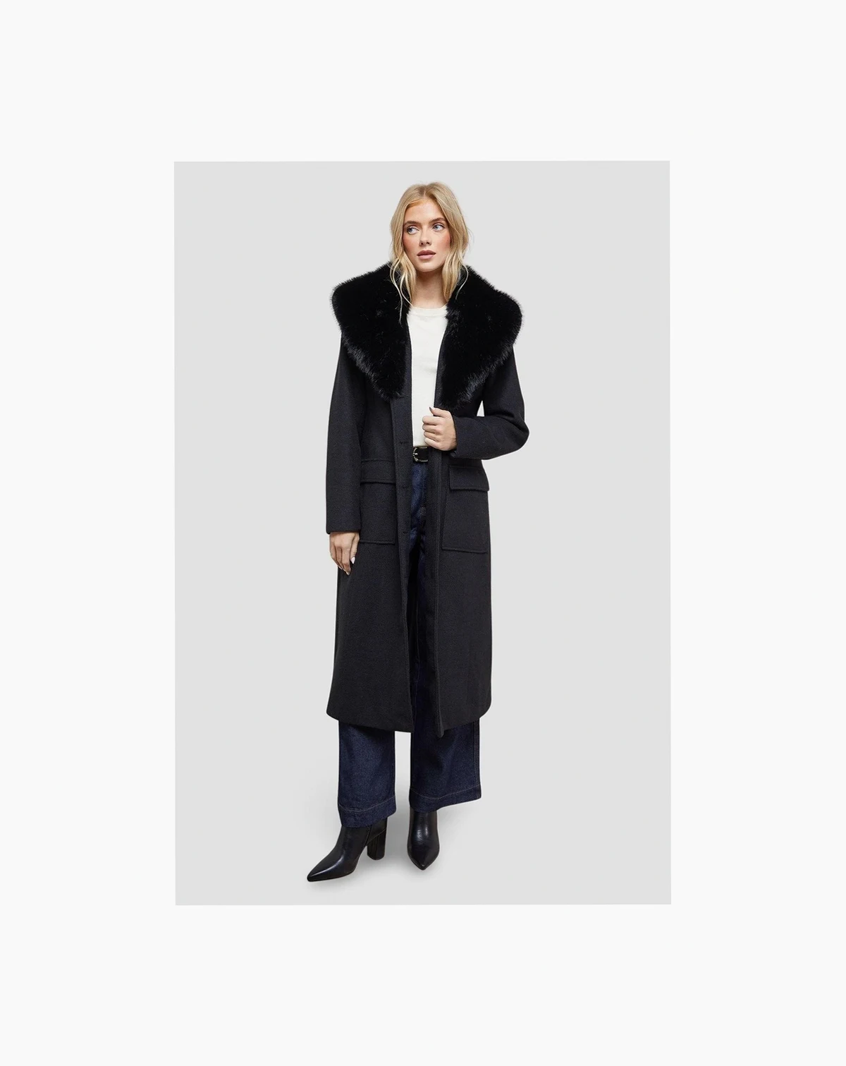 Women's Faux Fur Collar Belted Coat