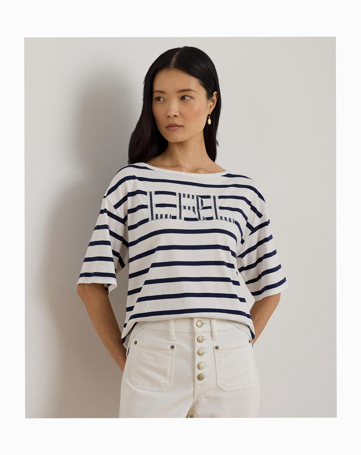 Women's Striped Beaded-Logo T-Shirt