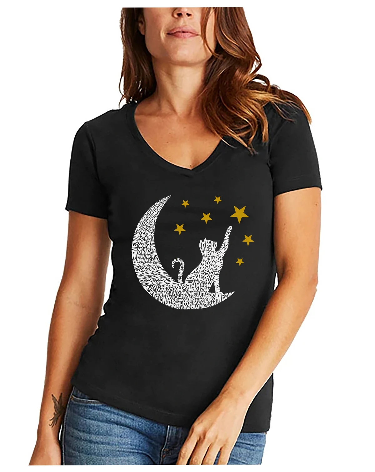Women's Word Art Cat Moon V-Neck T-Shirt