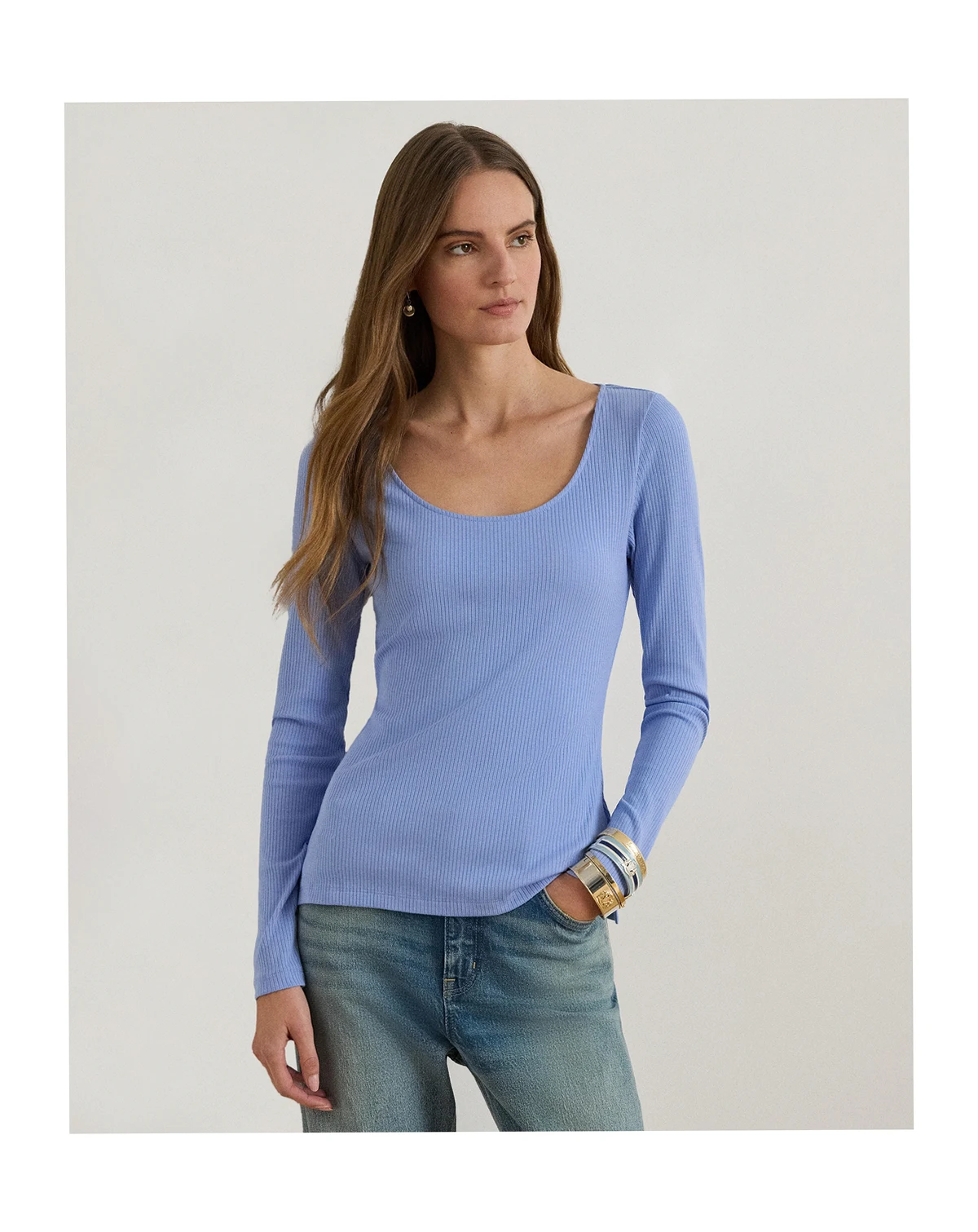 Women's Rib-Knit Long-Sleeve Scoop Neck Top