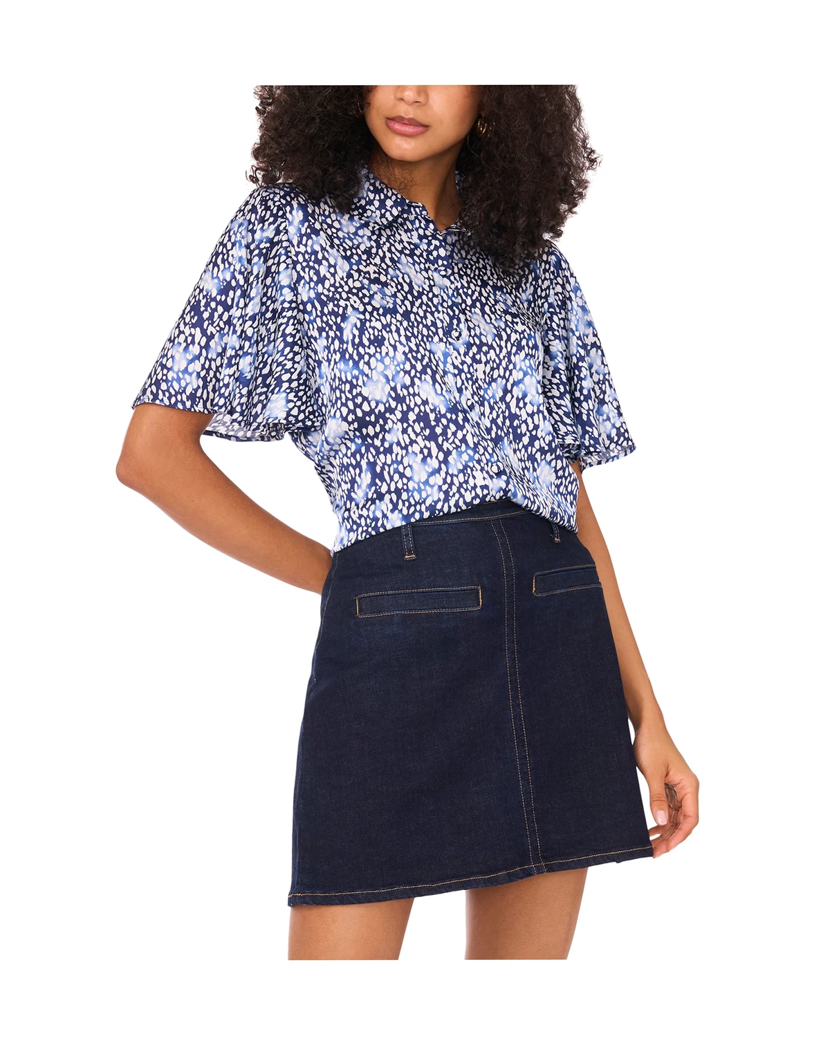 Women's Printed Flutter-Sleeve Button Blouse