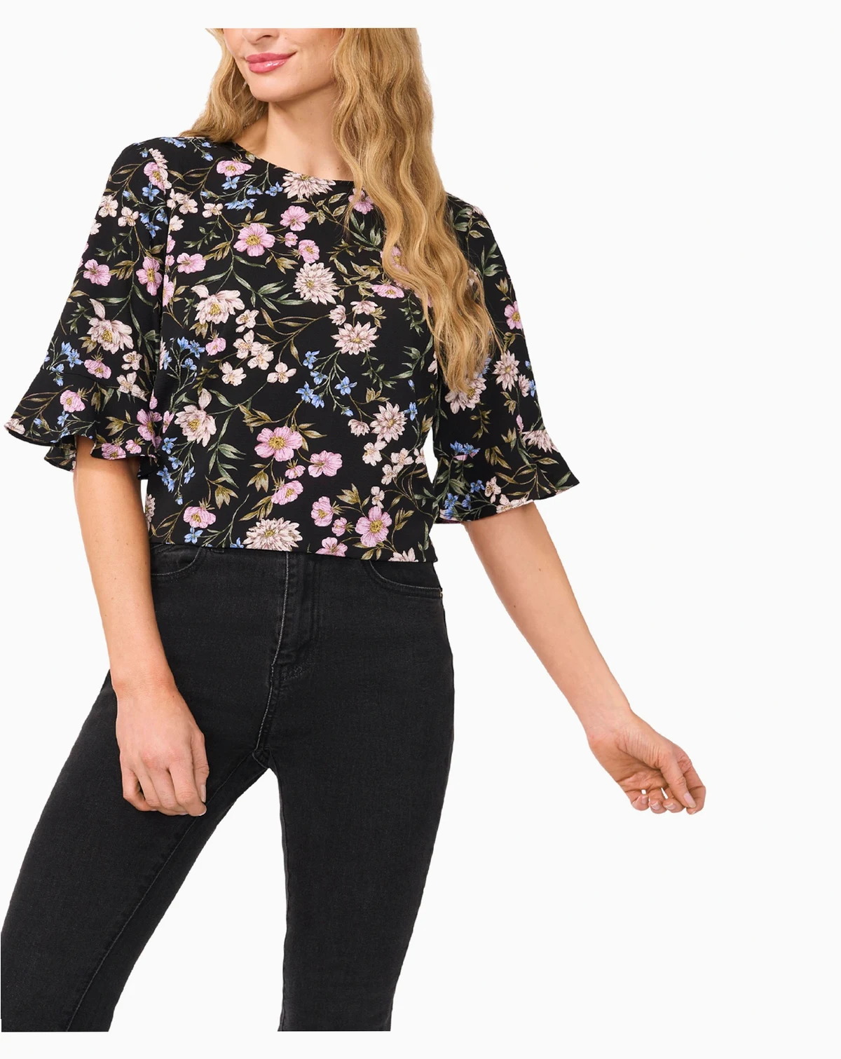 Women's Floral Crewneck 3/4-Sleeve Ruffled Cuff Blouse