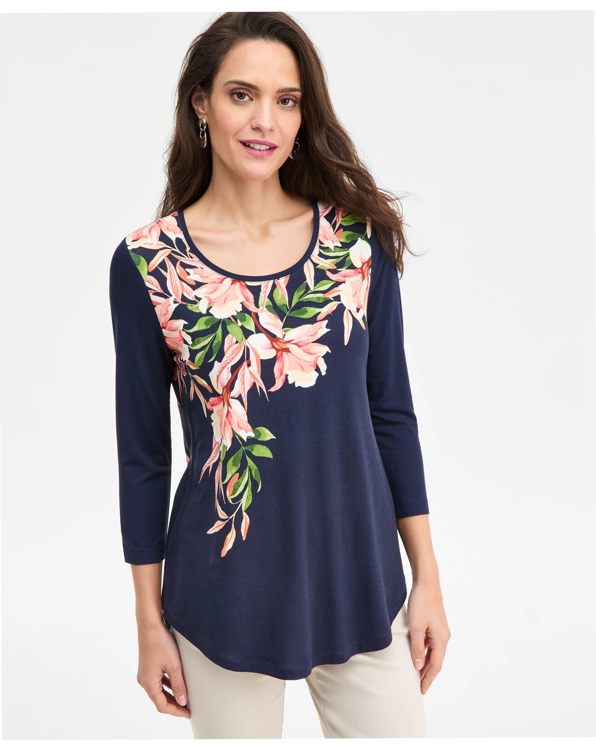 Petite Christa Cascade 3/4-Sleeve Scoop Neck T-Shirt, Macy's Exclusive
