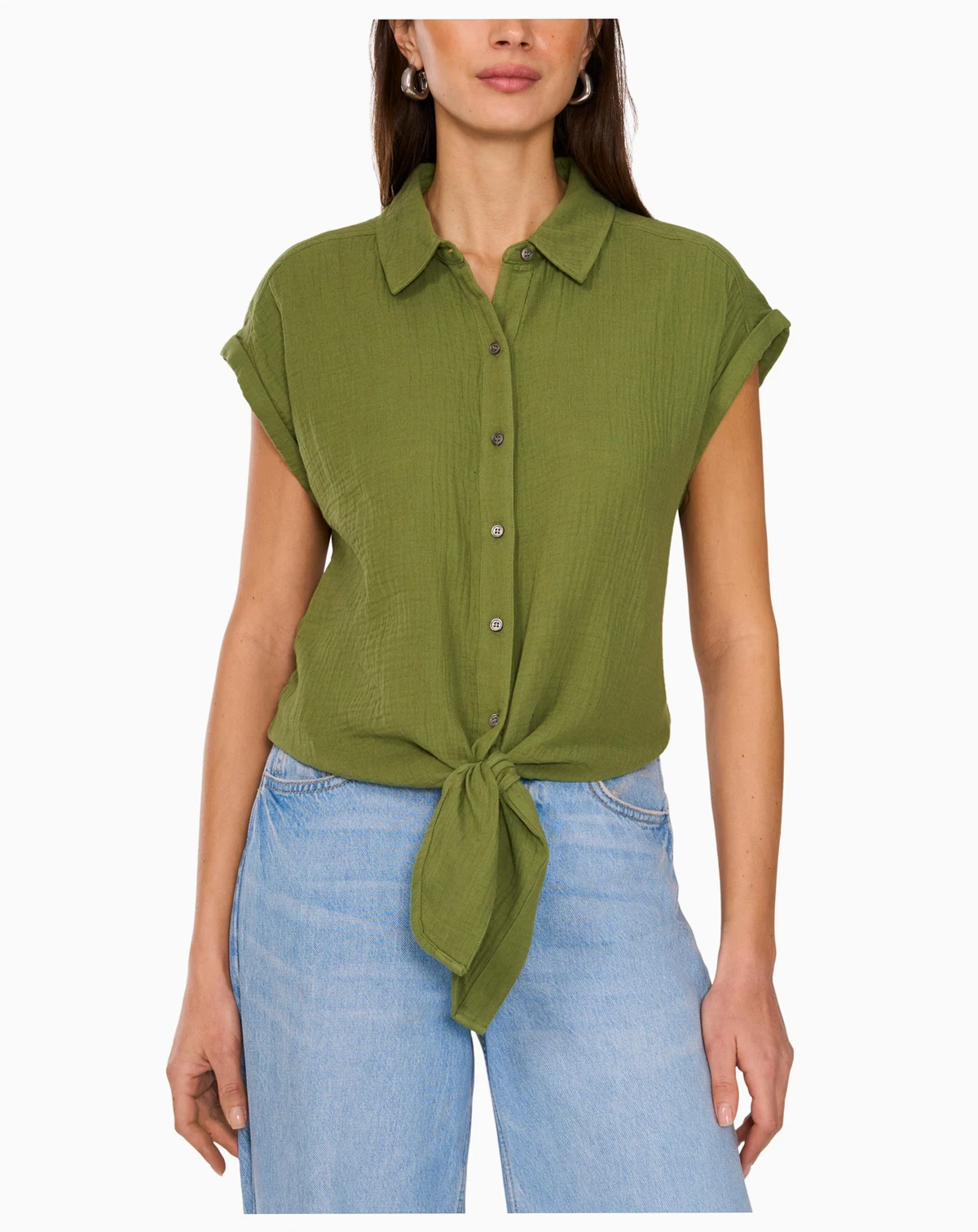 Women's Cotton Short-Sleeve Tie-Front Blouse