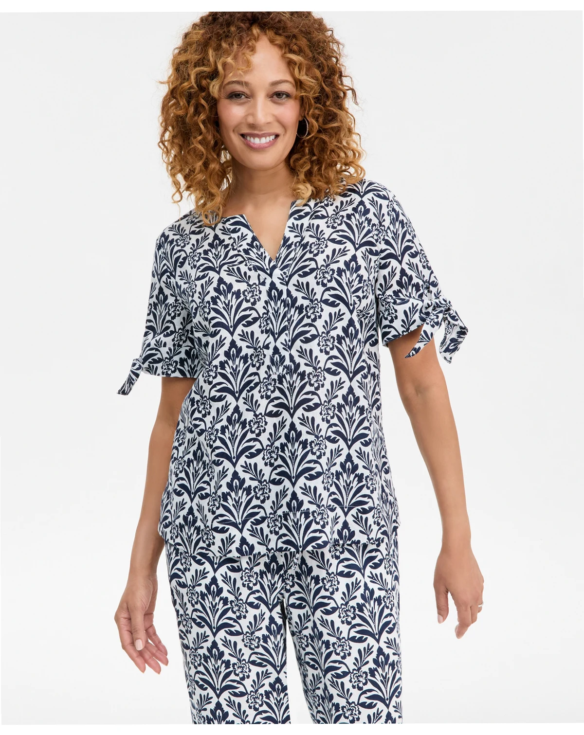 Women's 100% Linen Tile Tie-Cuff Split-Neck Top, Macy's Exclusive