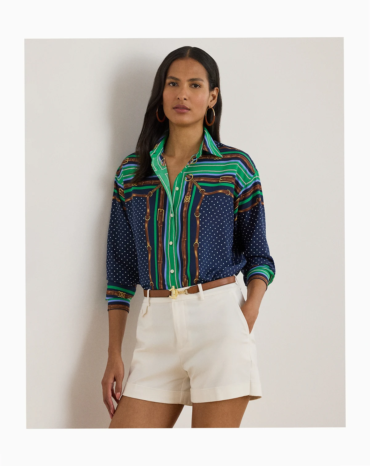 Petite Belting Print Polka-Dot Shirt