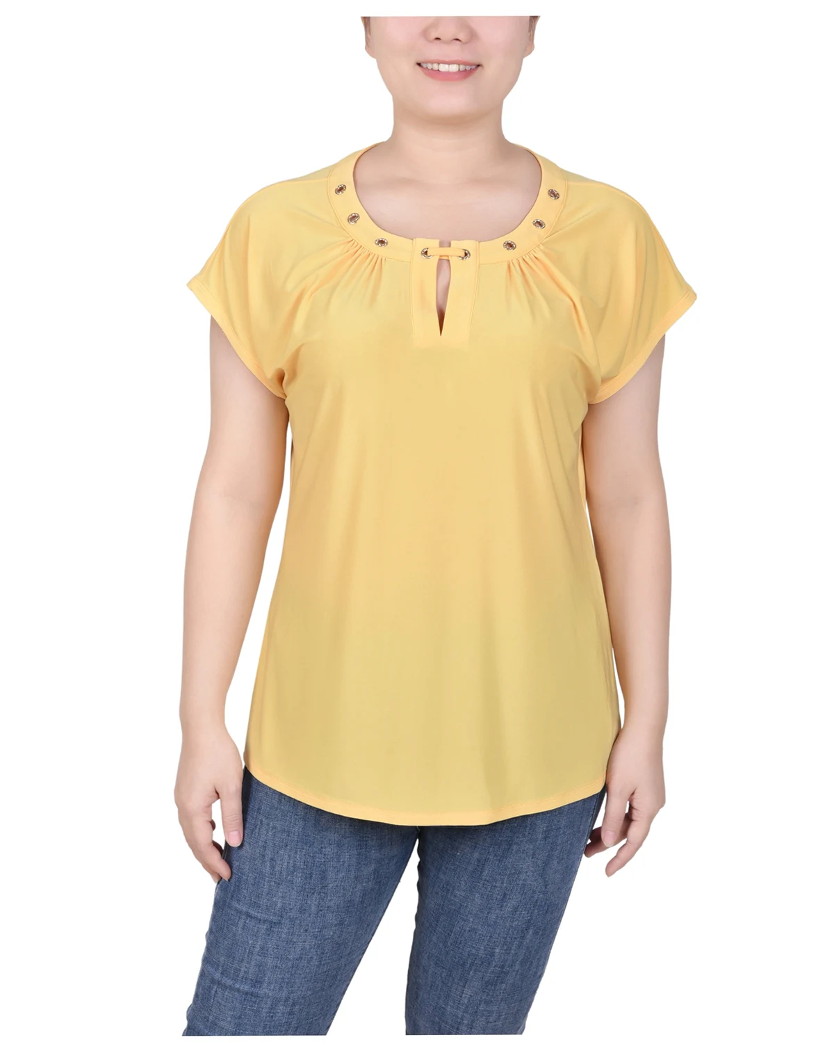 Women's Short Extended-Sleeve Grommet Neck Knit Top