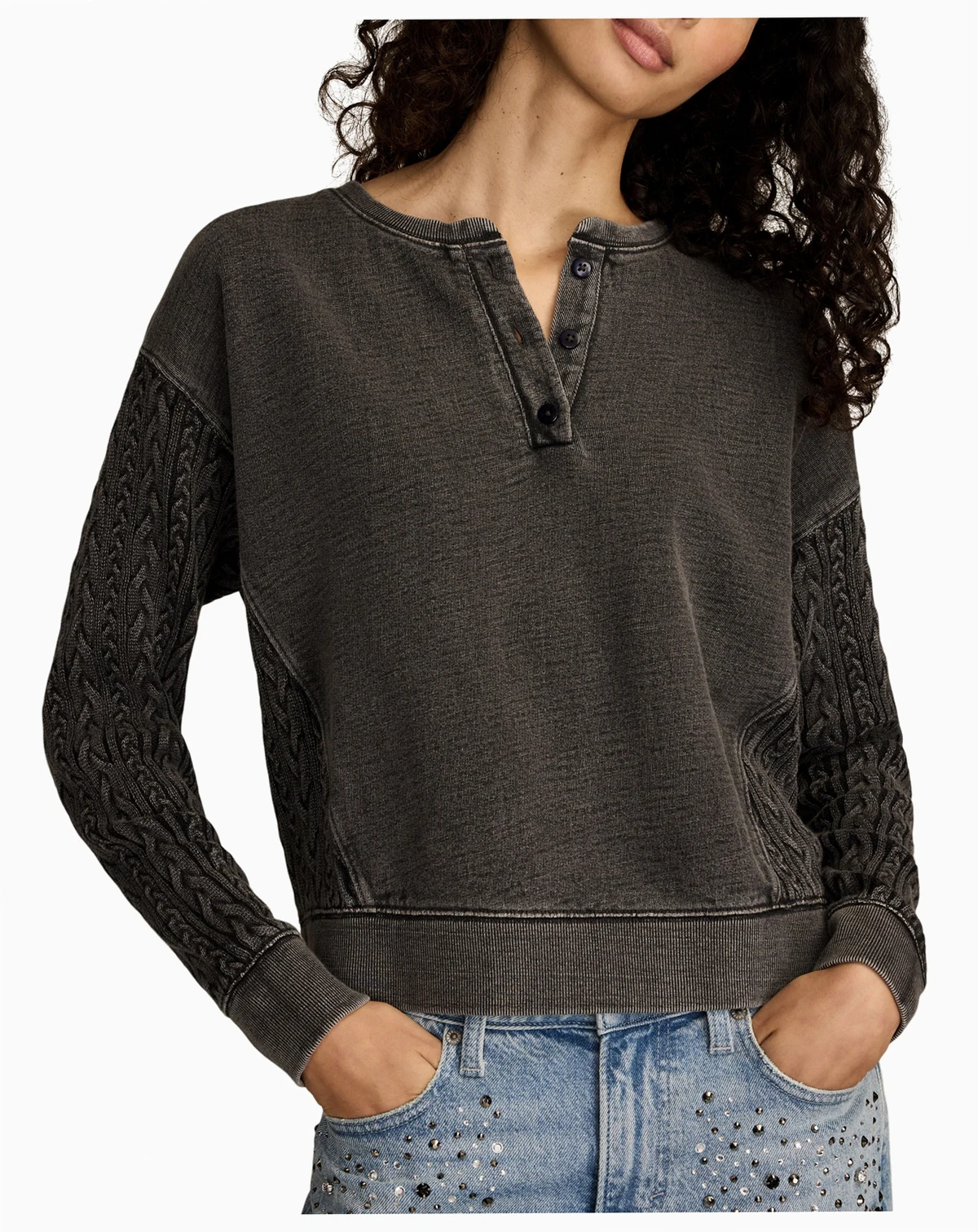 Women's Cable-Sleeve Boho Fleece Henley Top
