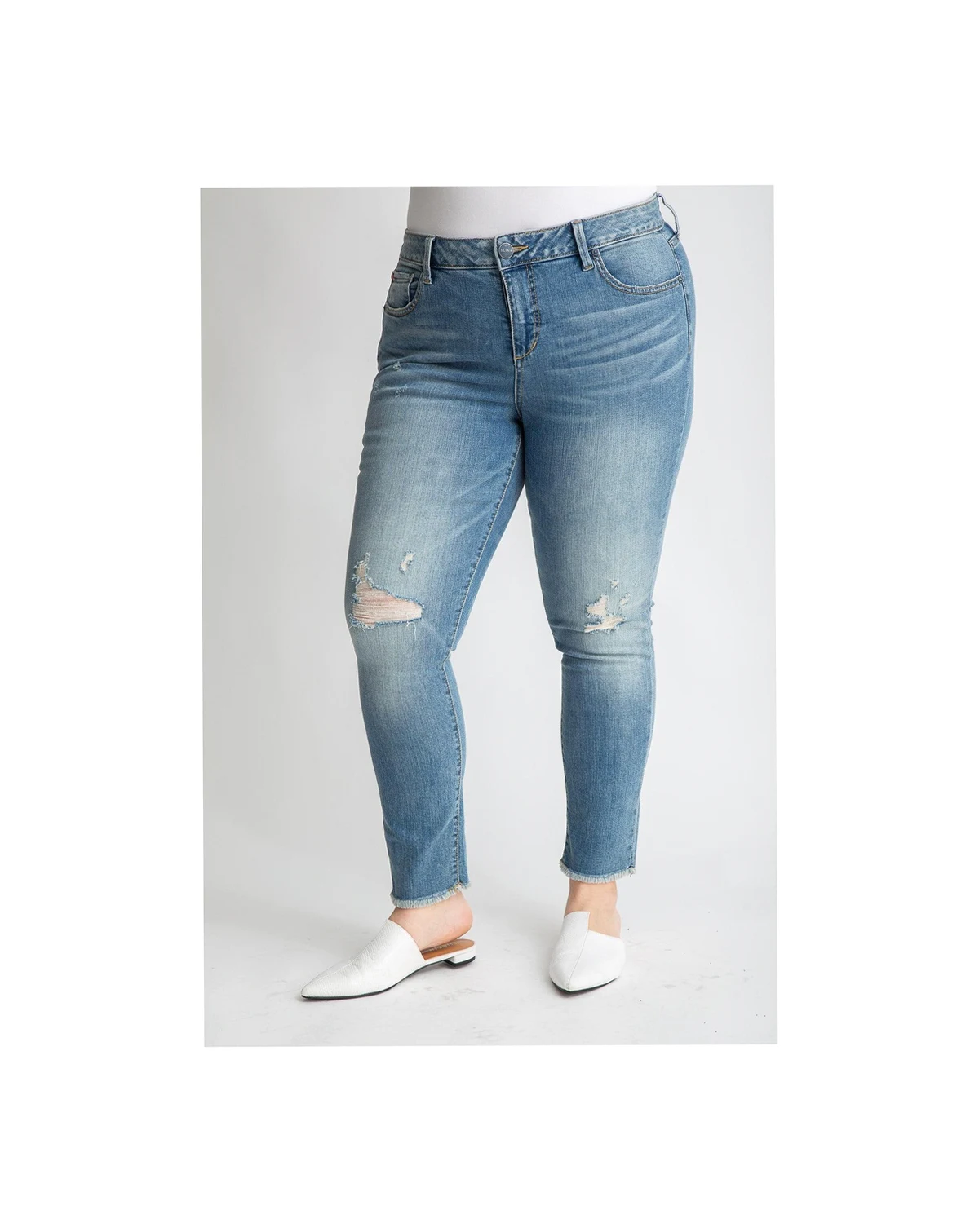 Plus Size Denim mid rise Ankle Skinny with Frayed Hem in 28" inseam - Claire