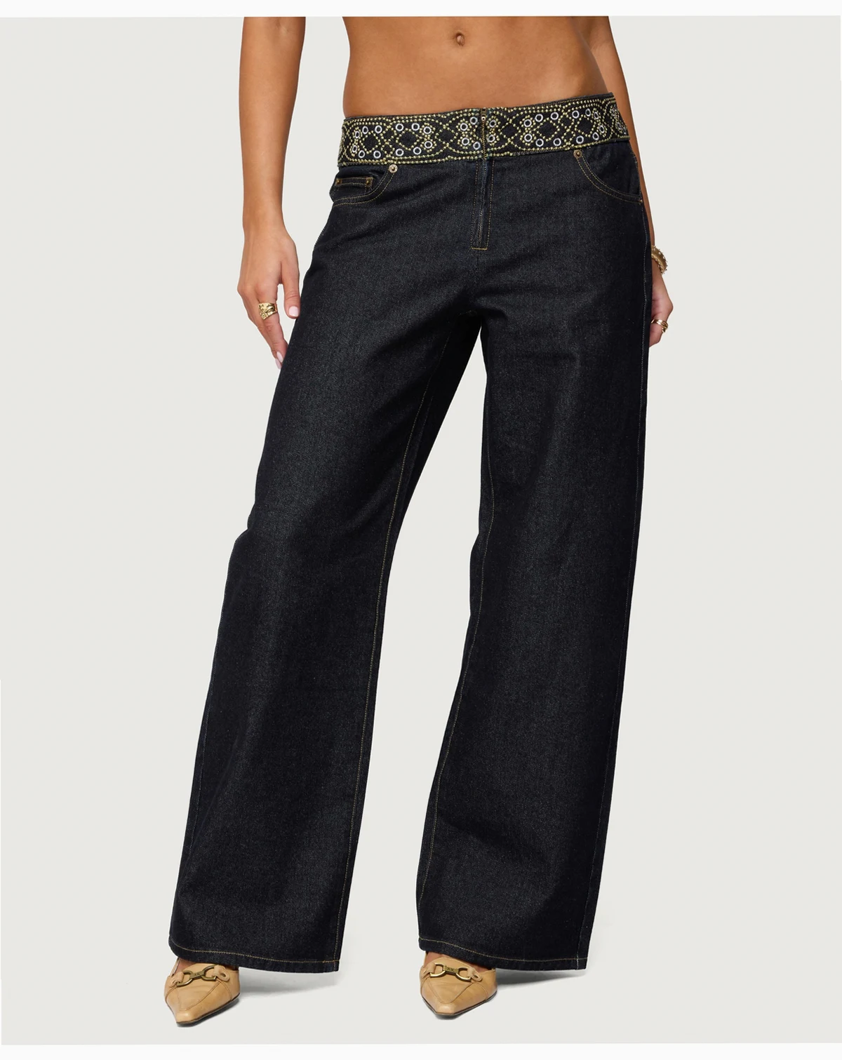 Women's Carlie Embroidered Low Rise Wide Leg Jeans