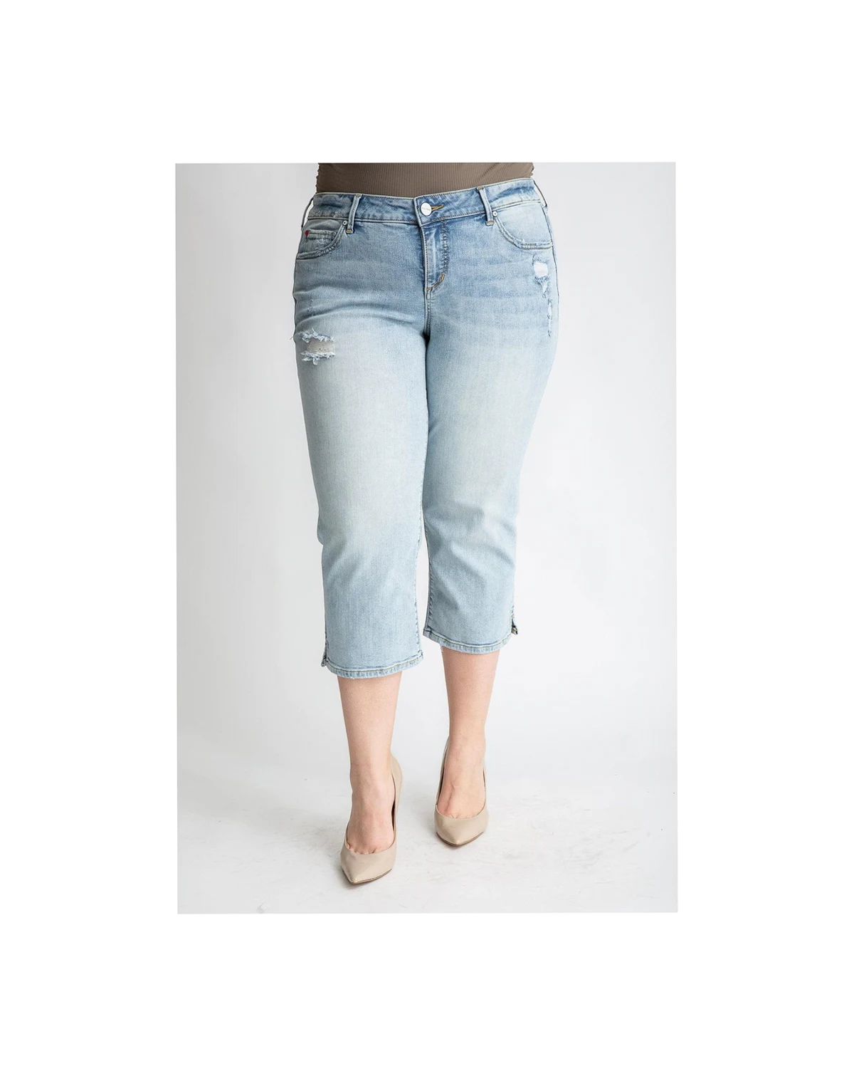 Plus Size Denim Mid Rise Straight Crop with Slit in 22.5" inseam - Louise