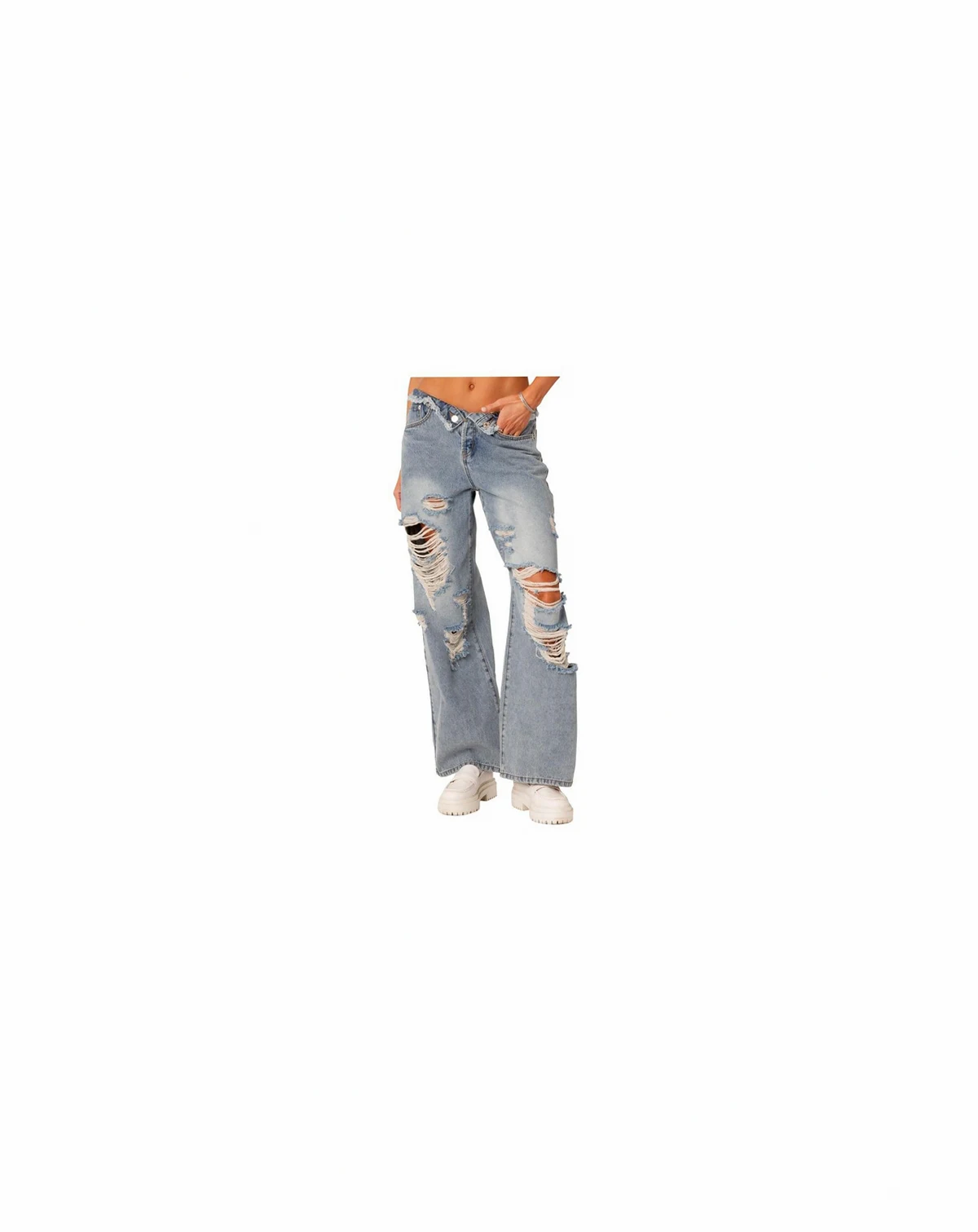 Women's Foldover Waist Jeans With Row Hem And Distressed Details