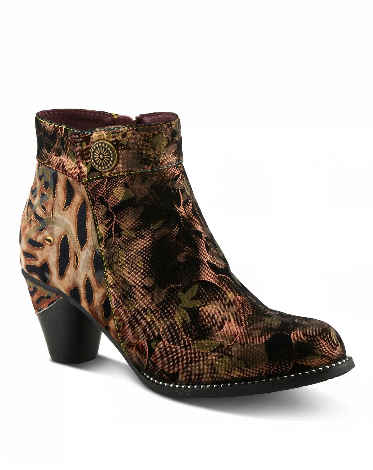 Women's Dessalynn Floral and Animal Print Suede Ankle Boots with Velvet Lining, Decorative Button, Side Zipper – Artistic Comfort Booties