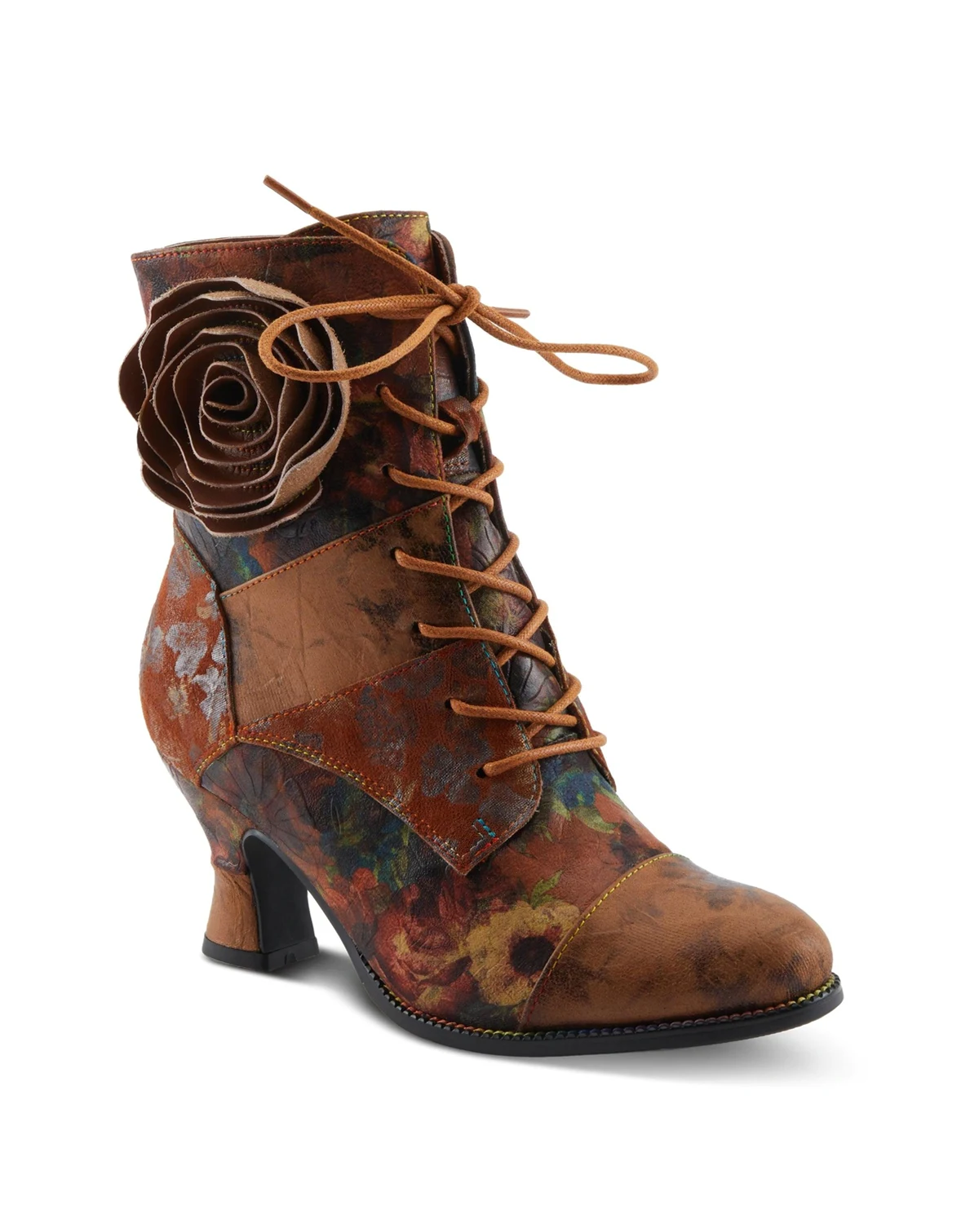 L Artiste Women s ROSELIA-FLOW Baroque Floral Lace-Up Boots with 3D Rose Applique and Sculpted Heel
