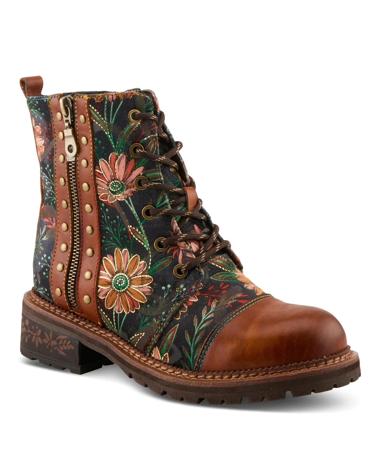 L Artiste Women s CORDEA Embroidered Leather Boot with Lug Sole and Rainbow Stitching