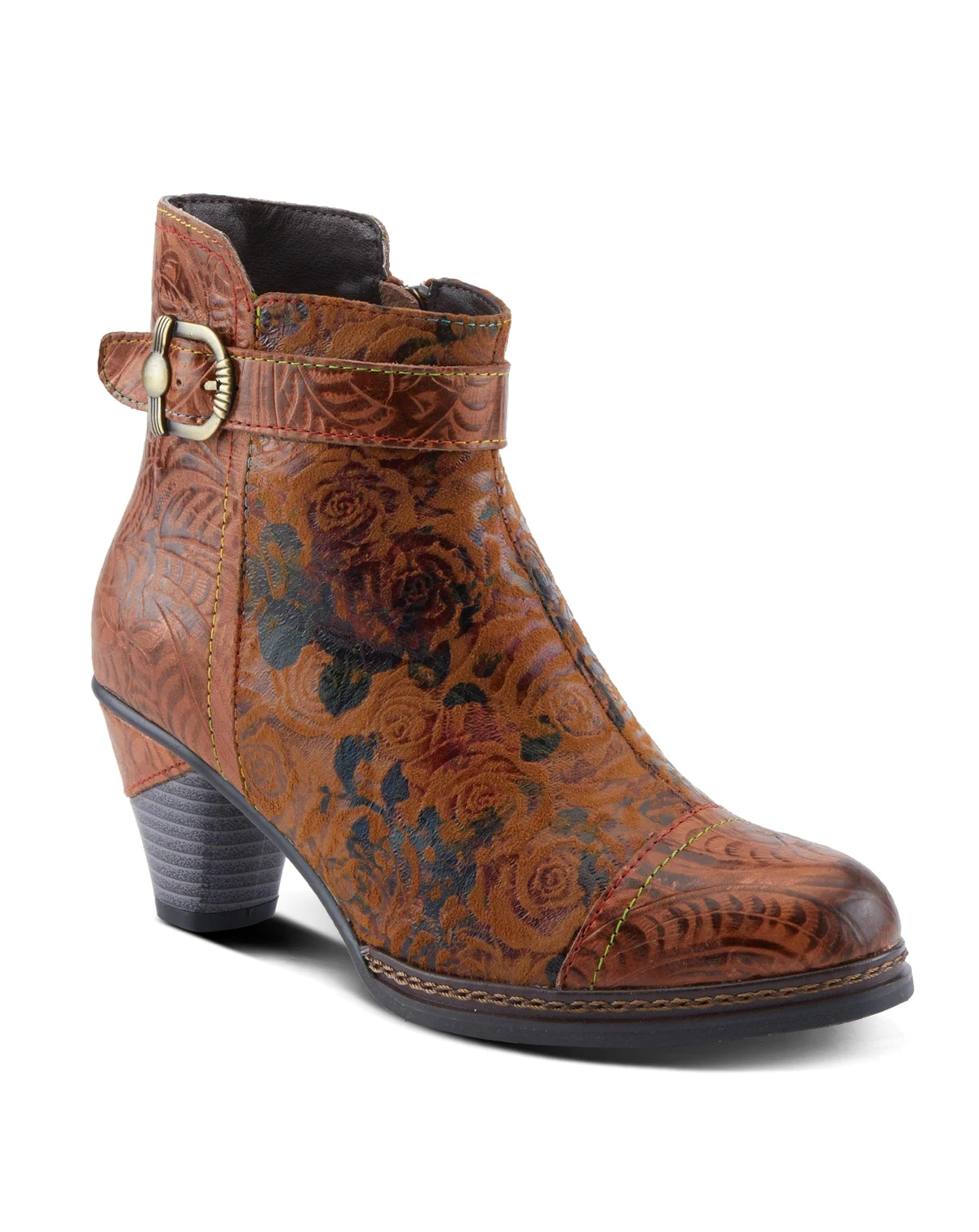 Women's Antilles Floral Embossed Suede Ankle Booties with Vintage Buckle Detail, Inside Zipper, Low Heel, Faux Fur Lining