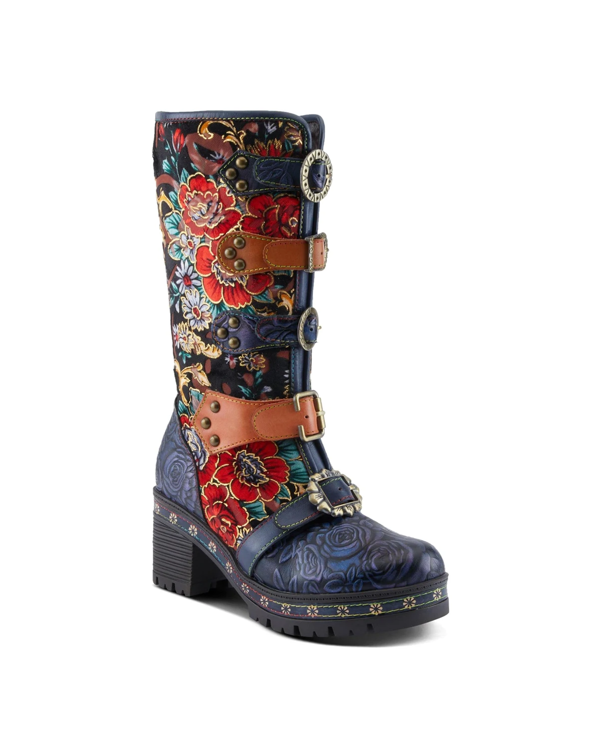 L Artiste Women s BRAZEN Mid-Shaft Boot with Embossed Floral Leather, Buckled Straps & Faux Fur Lining