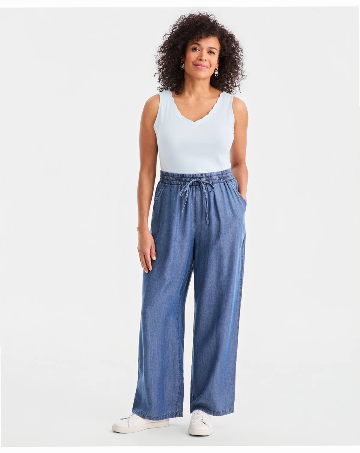 Women's Chambray Pull-On Wide-Leg Pants, Macy's Exclusive