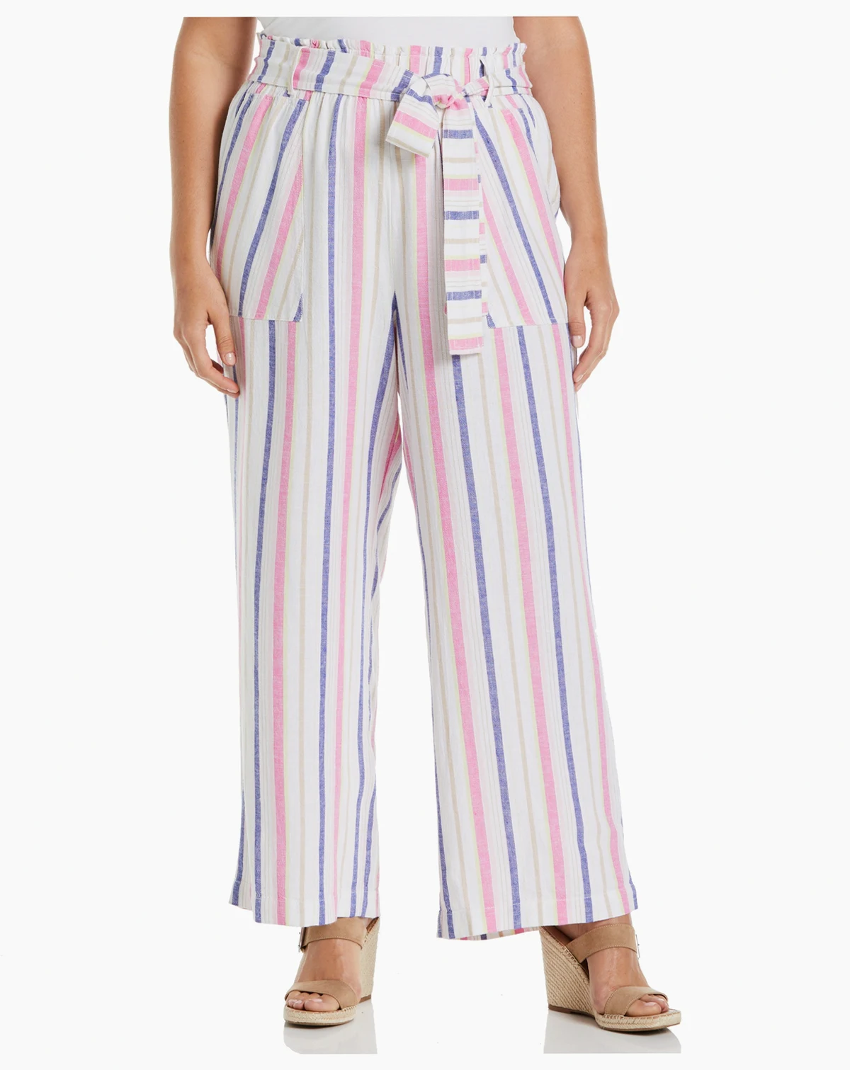 Plus Size Stripe Wide Leg Paper Bag Pants