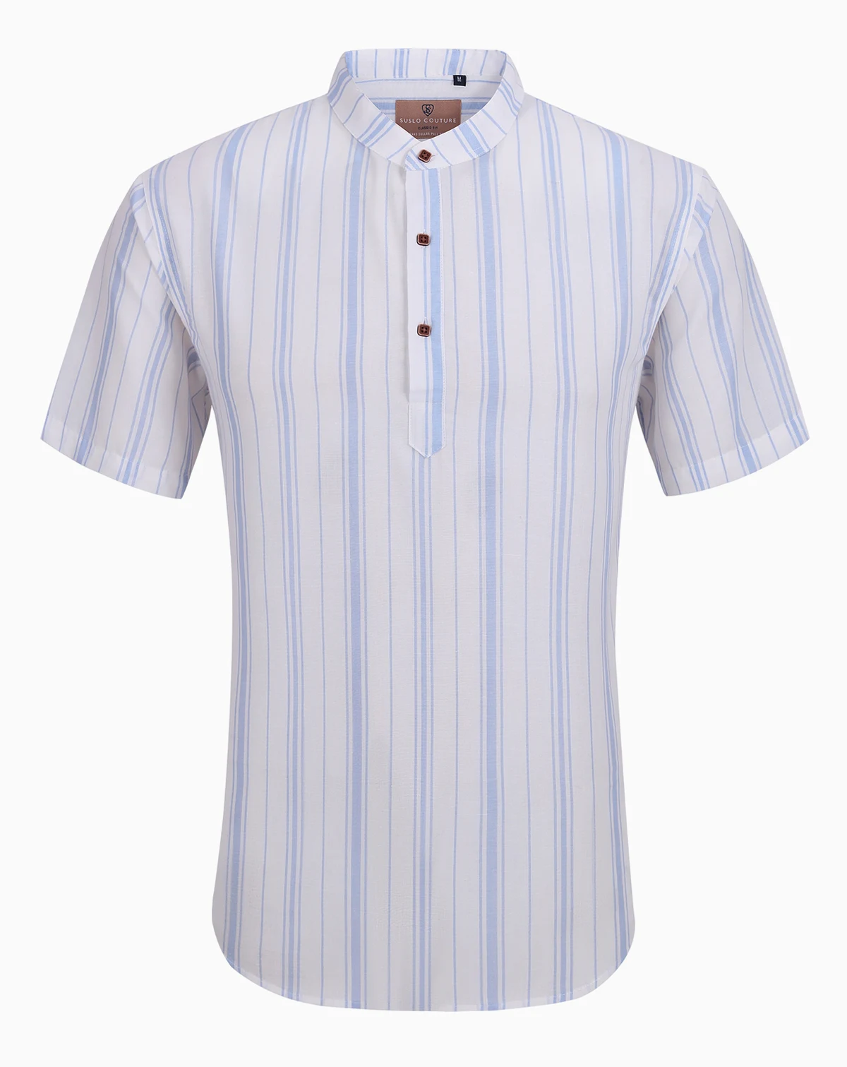 Men's Linen Stripped Banded Collar Button Up
