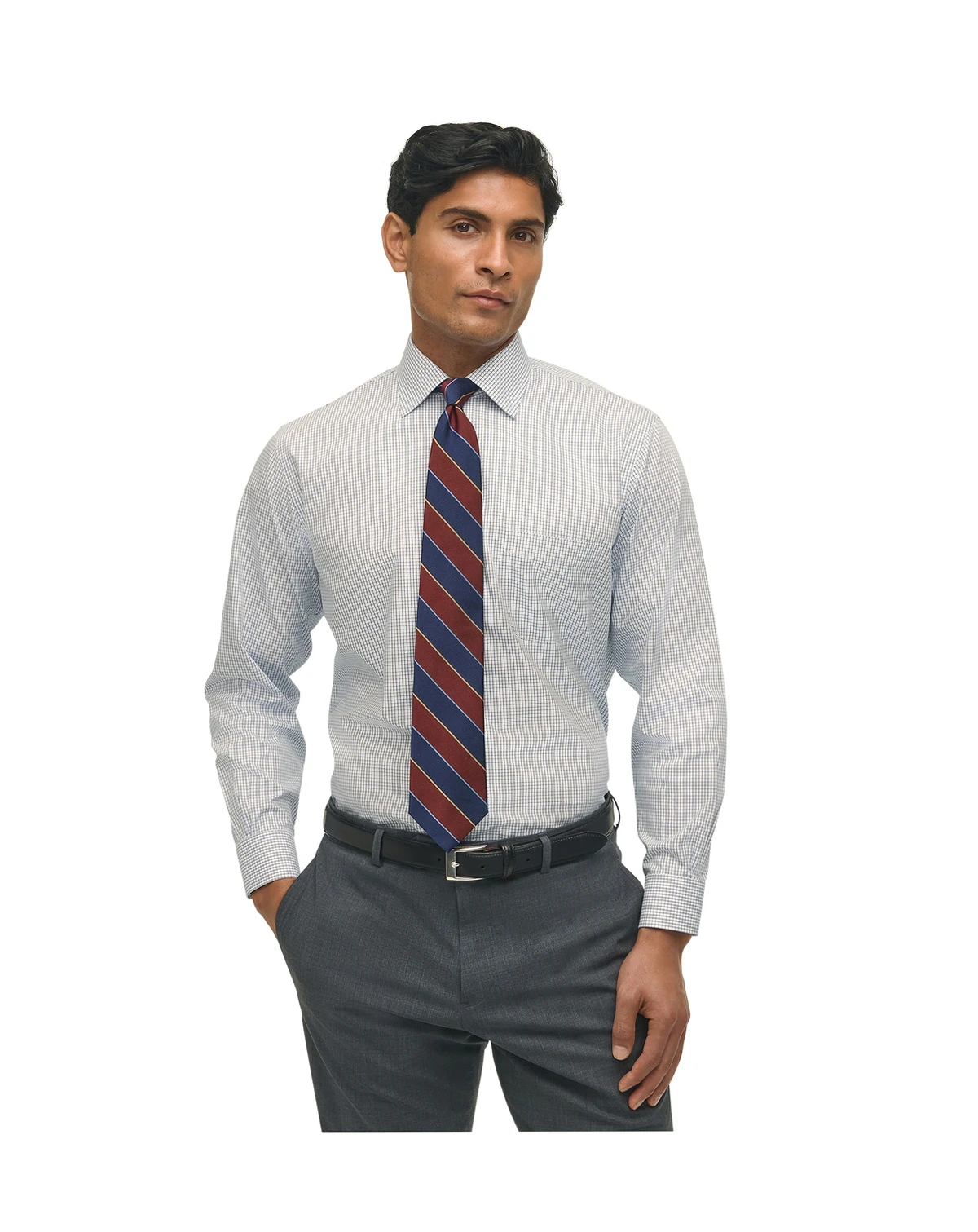 Men's Regular Fit Non-Iron Polo Button-Down Collar Blue Check Pinpoint Dress Shirt