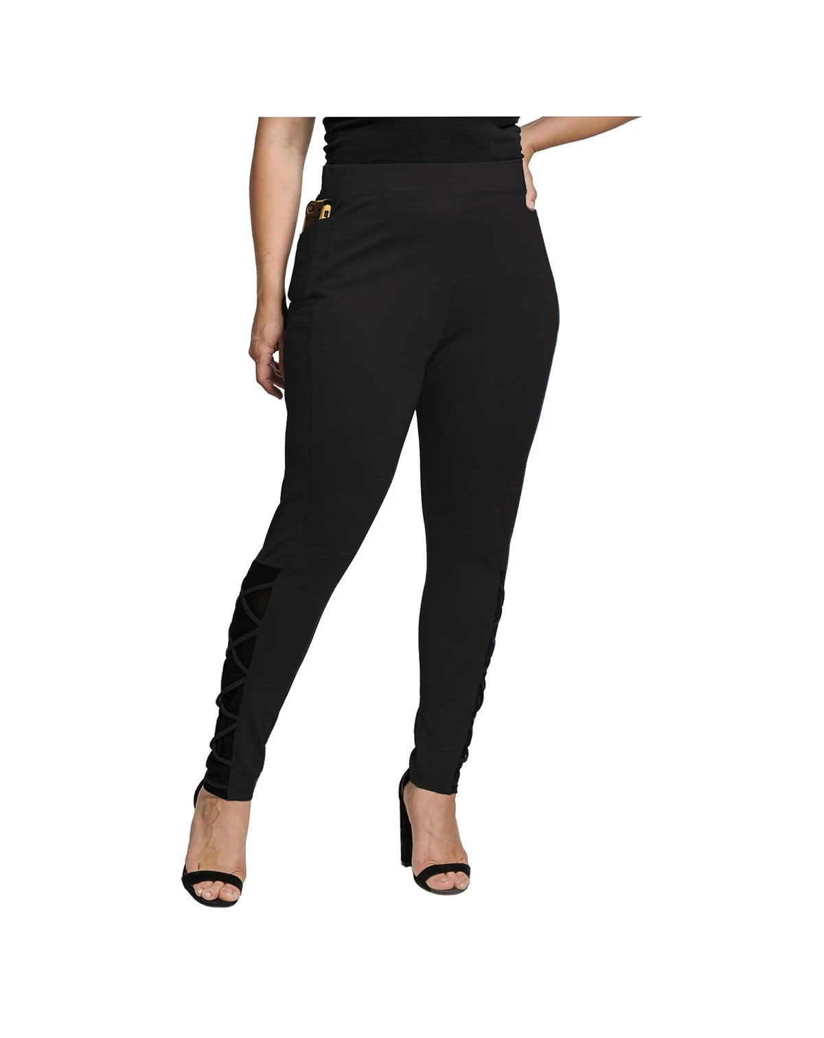 Women's Plus Size Interlaced Mesh Leggings With Side Pockets