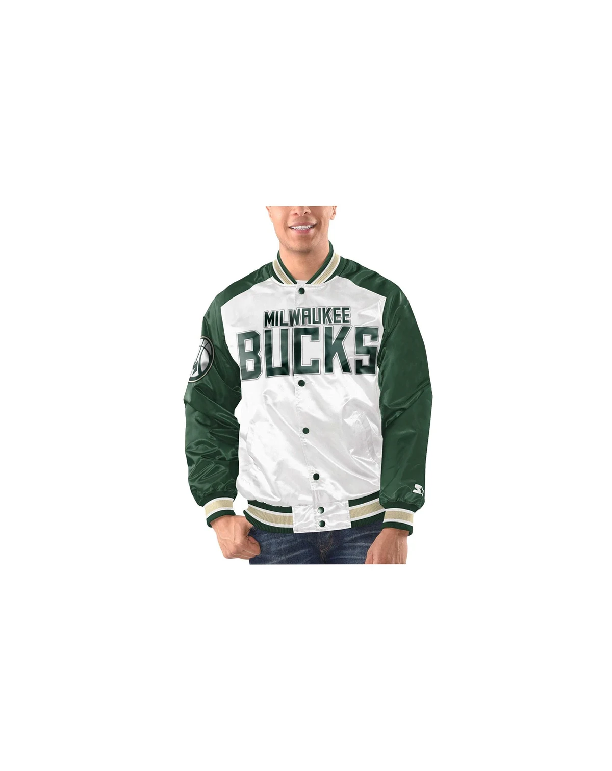 Men's White, Hunter Green Milwaukee Bucks Renegade Satin Full-Snap Varsity Jacket