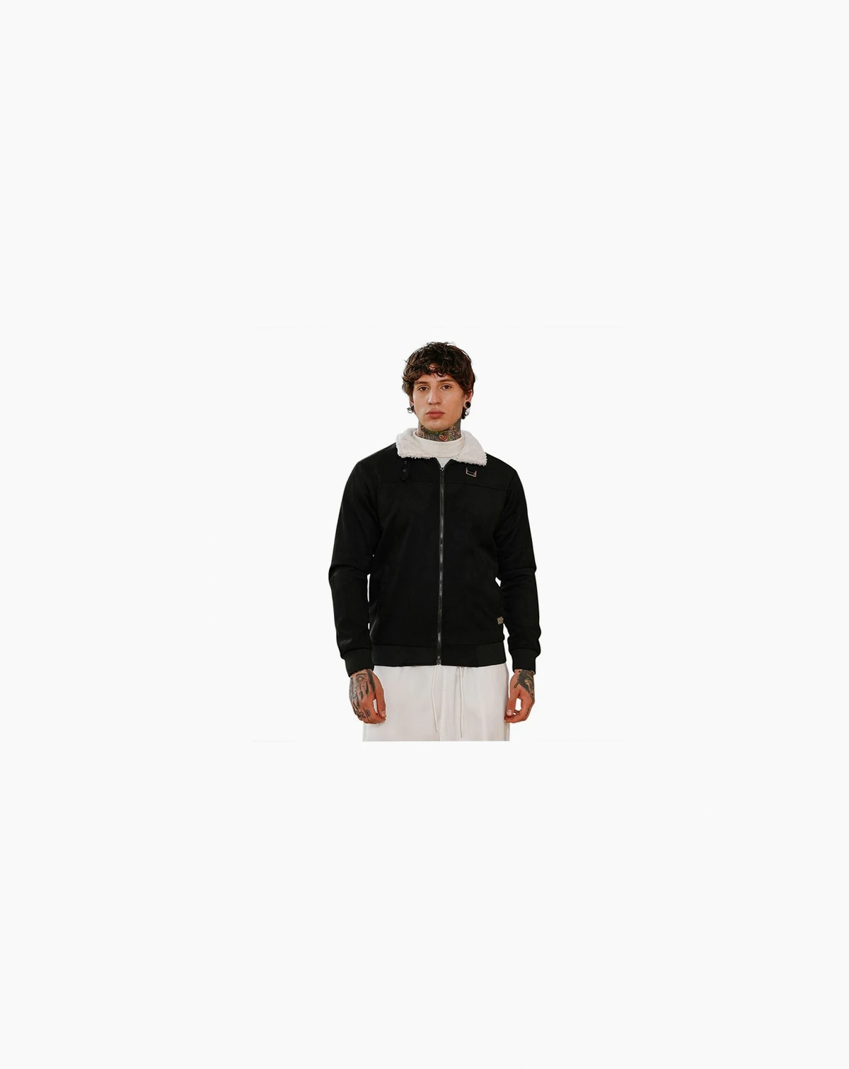 Men's Raven Black Contrast Sherpa-Lined Suede Bomber Jacket