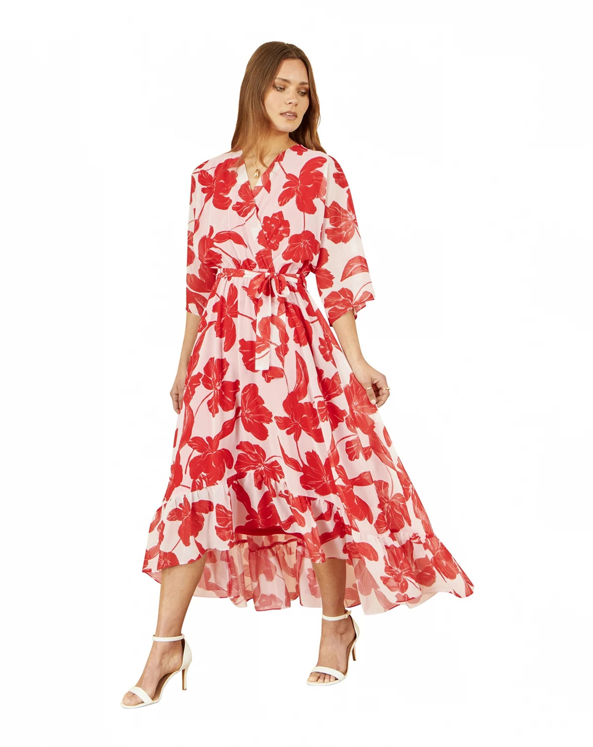Women's Kimono-Inspired Midi Dip Hem Wrap Dress