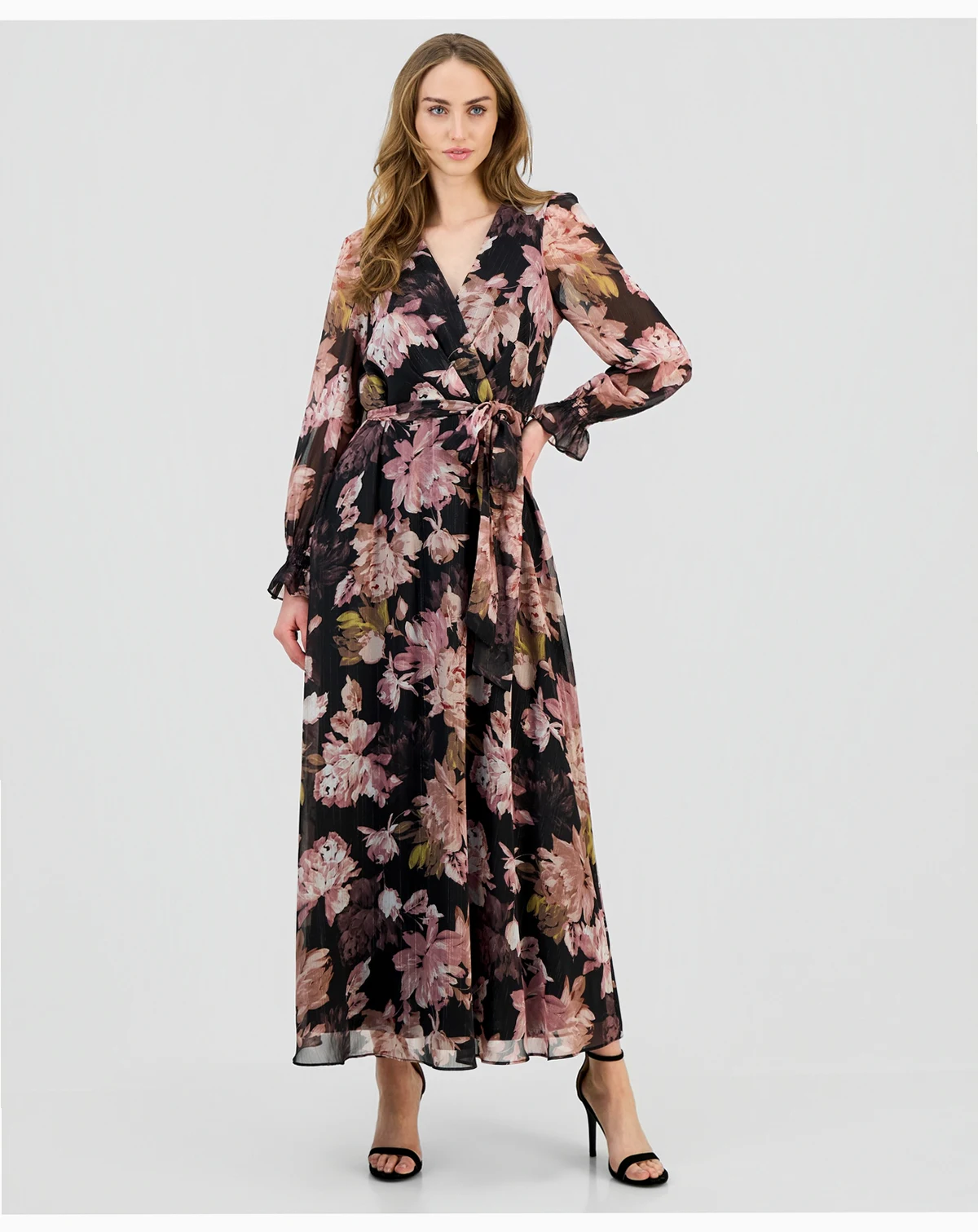 Women's V-Neck Belted Long-Sleeve Maxi Dress