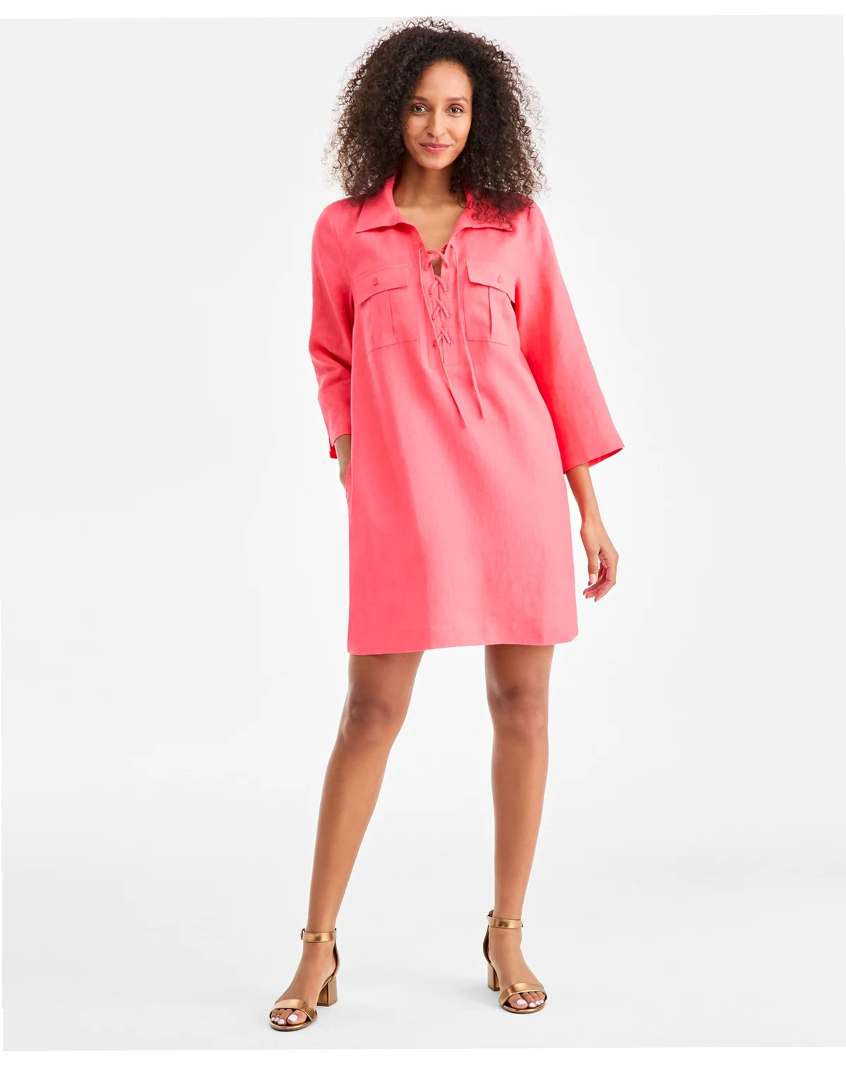 Women's 100% Linen Lace-Up 3/4-Sleeve Utility Dress, Macy's Exclusive