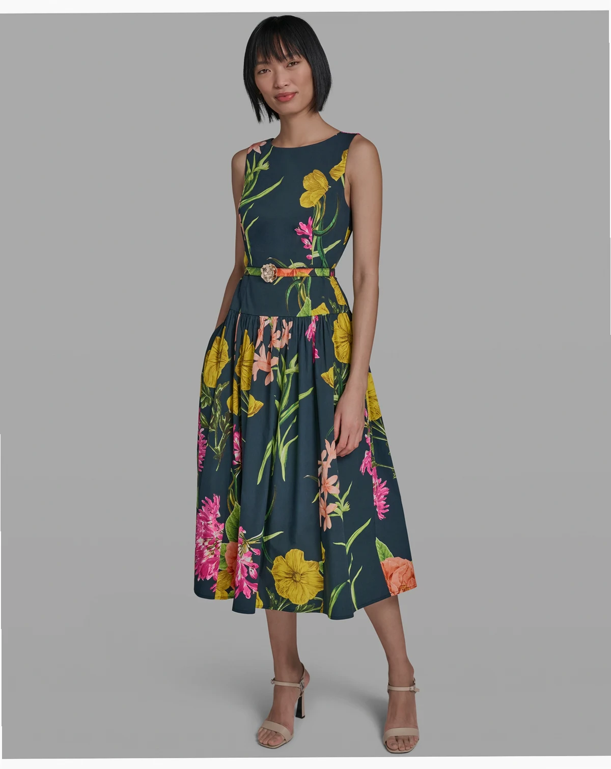 Women's Boat-Neck Belted Sleeveless Dress