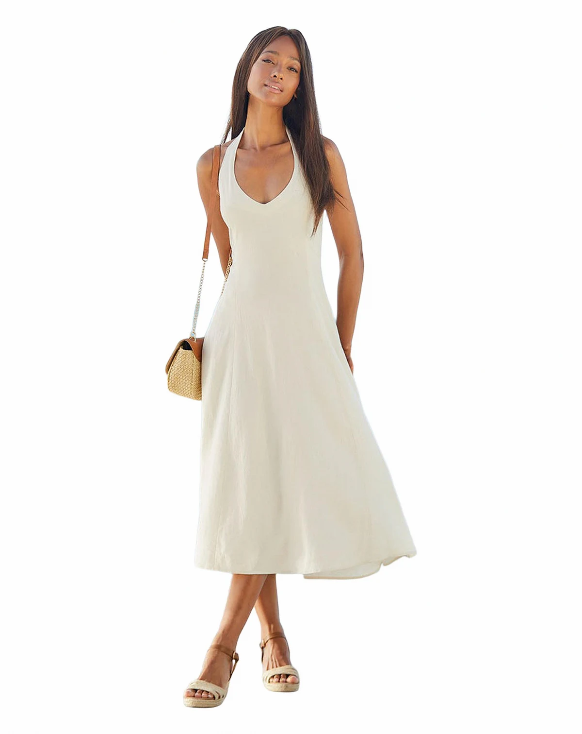 Women's A-Line Linen Flowy Halter Neck Dress